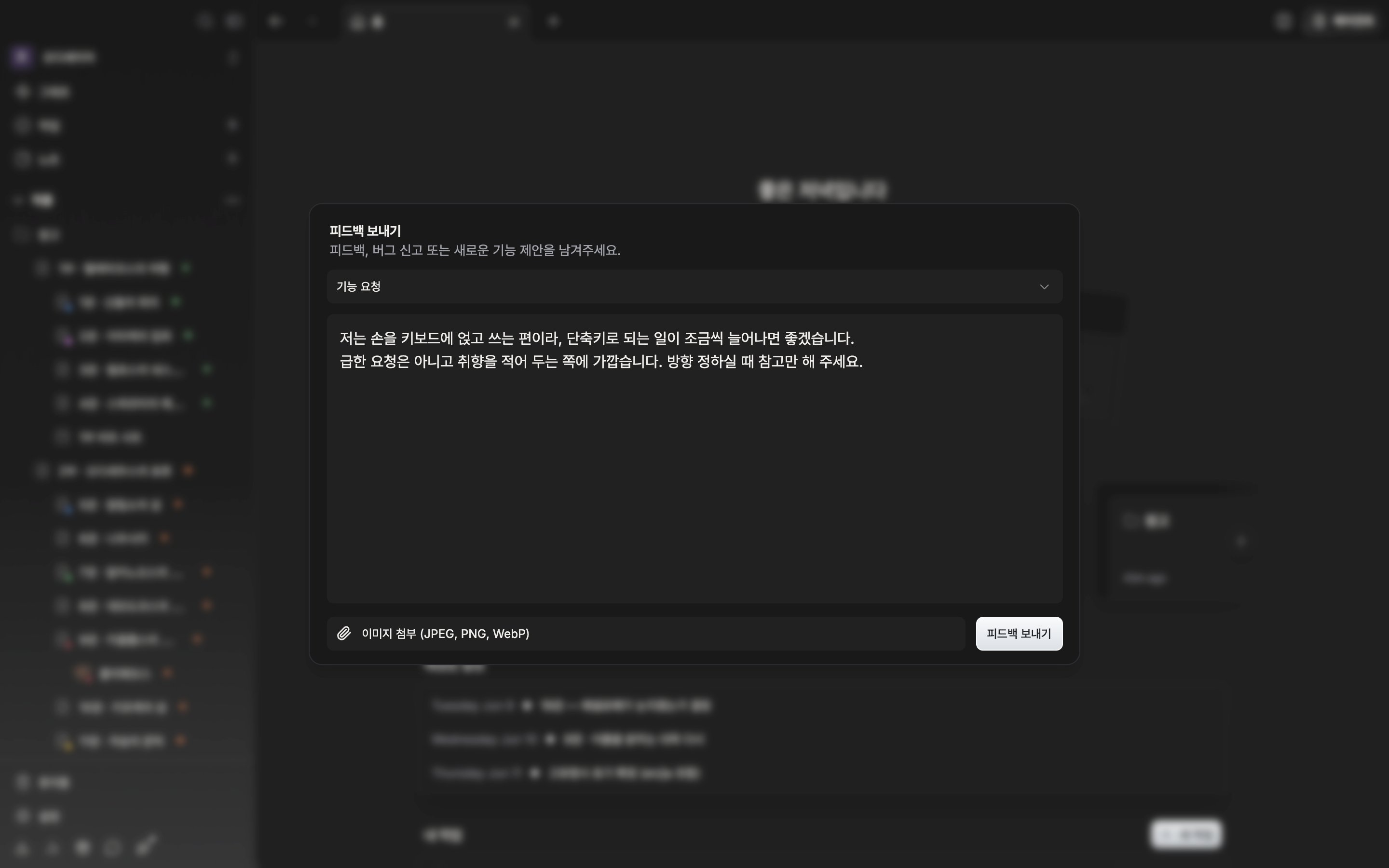 카테고리를 “기능 요청”으로 골라 둔 채 본문 칸에 두어 줄이 적혀 있으며, 아래에 “이미지 첨부 (JPEG, PNG, WebP)” 줄과 “피드백 보내기” 단추가 함께 보이는 상태.