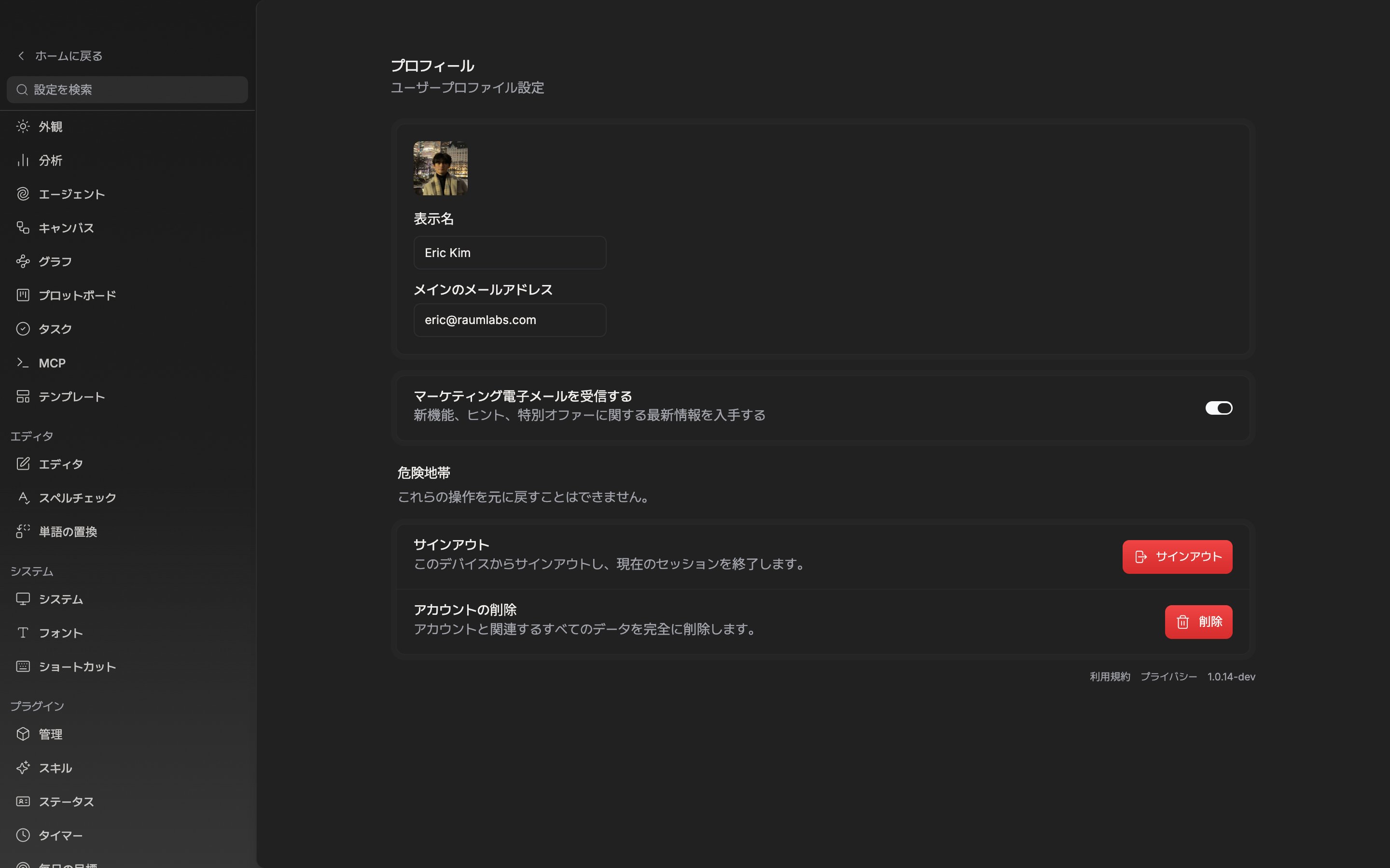 プロフィールタブの一番下までスクロールして「危険地帯」カードが収まった様子。サインアウトの行とアカウントの削除の行、その下の利用規約・プライバシーのリンクとバージョン表記まで一緒に見える。