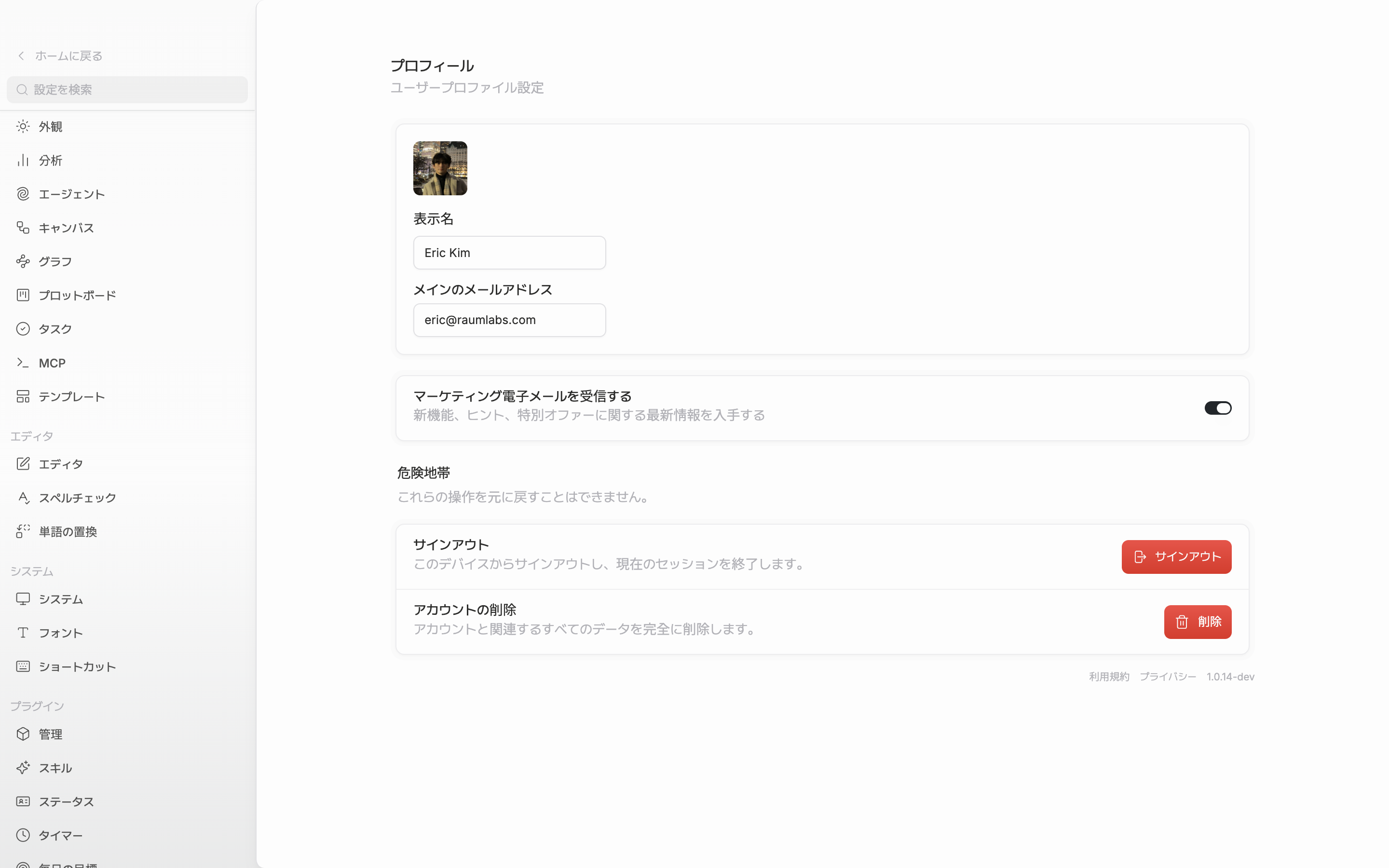 プロフィールタブの一番下までスクロールして「危険地帯」カードが収まった様子。サインアウトの行とアカウントの削除の行、その下の利用規約・プライバシーのリンクとバージョン表記まで一緒に見える。