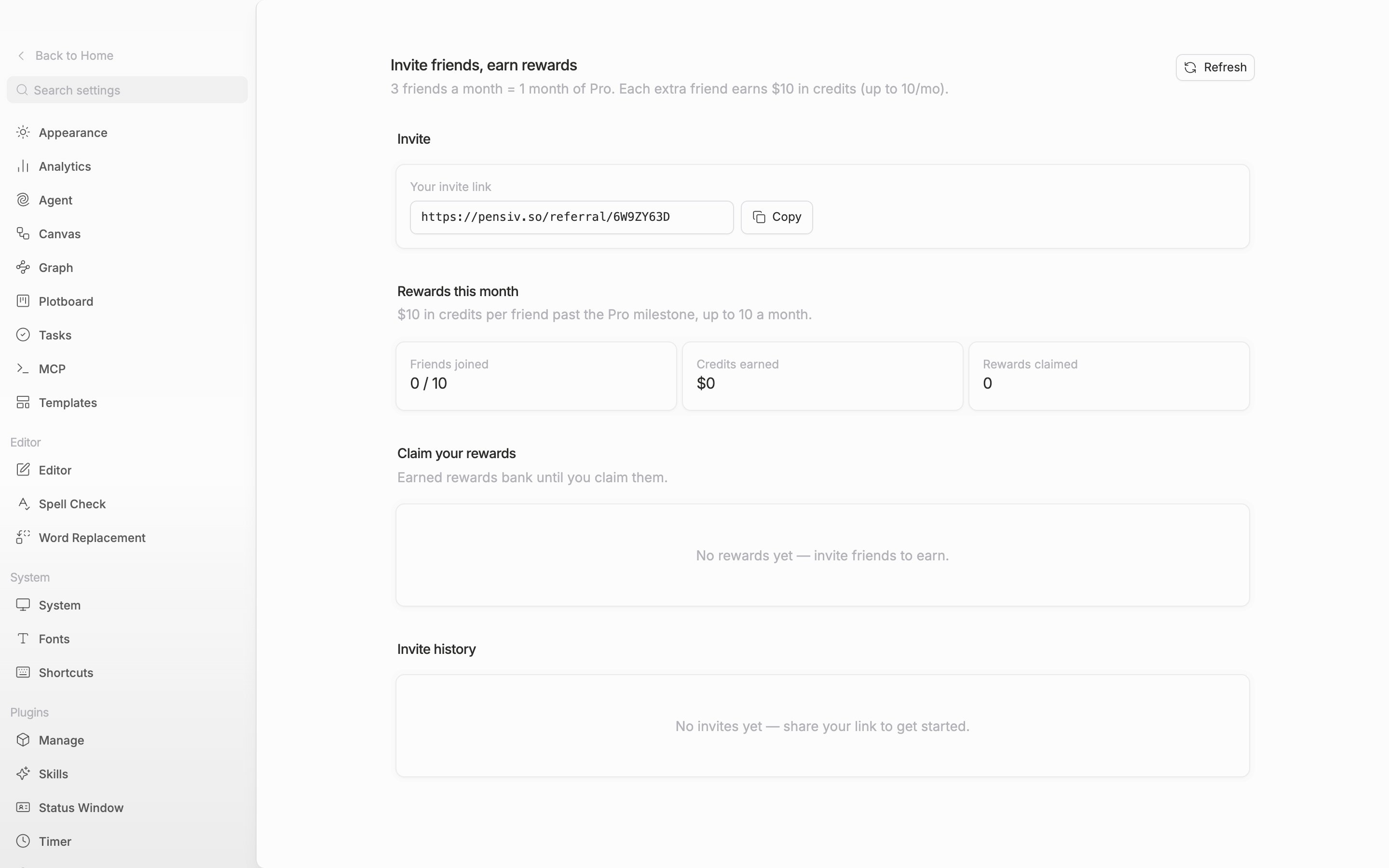 The top of the page. The title “Invite friends, earn rewards”, the one-line rule beneath it, the “Refresh” button on the right, and the “Your invite link” field and “Copy” button on the “Invite” card are all visible on one screen. The link field is filled with an address starting with pensiv.so/referral/.