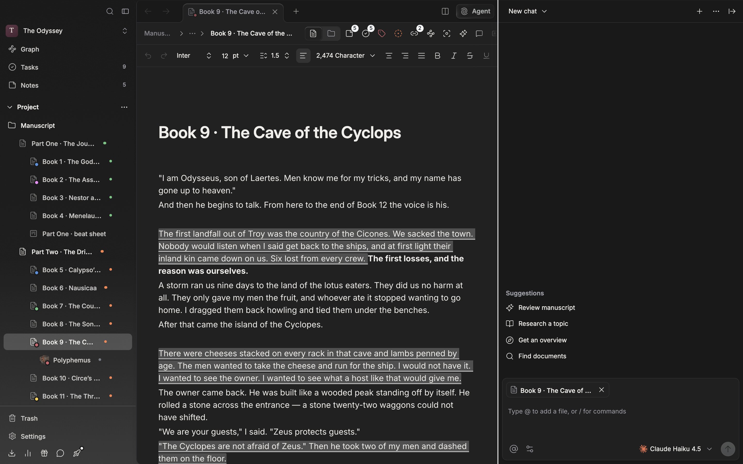 The agent panel on the right is open and sits alongside the manuscript. The cursor is on the divider between the panel and the manuscript, highlighting the resize handle.