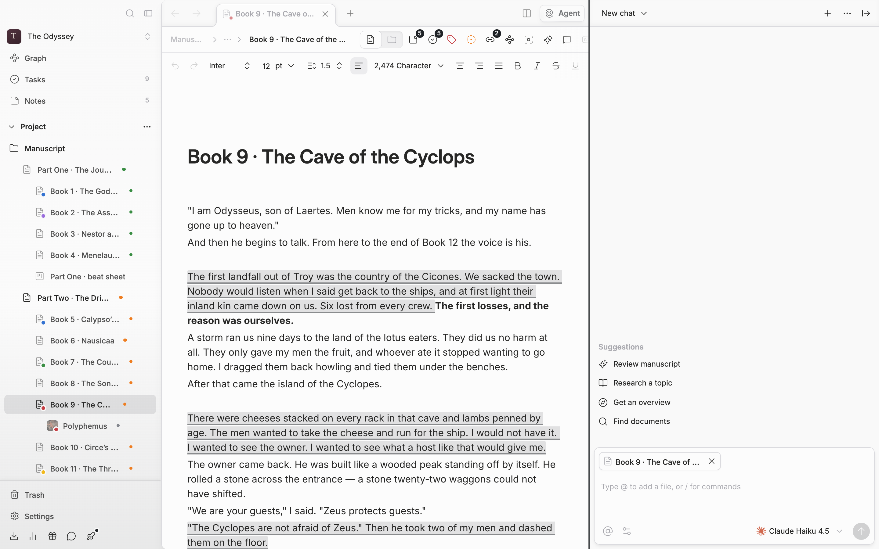 The agent panel on the right is open and sits alongside the manuscript. The cursor is on the divider between the panel and the manuscript, highlighting the resize handle.