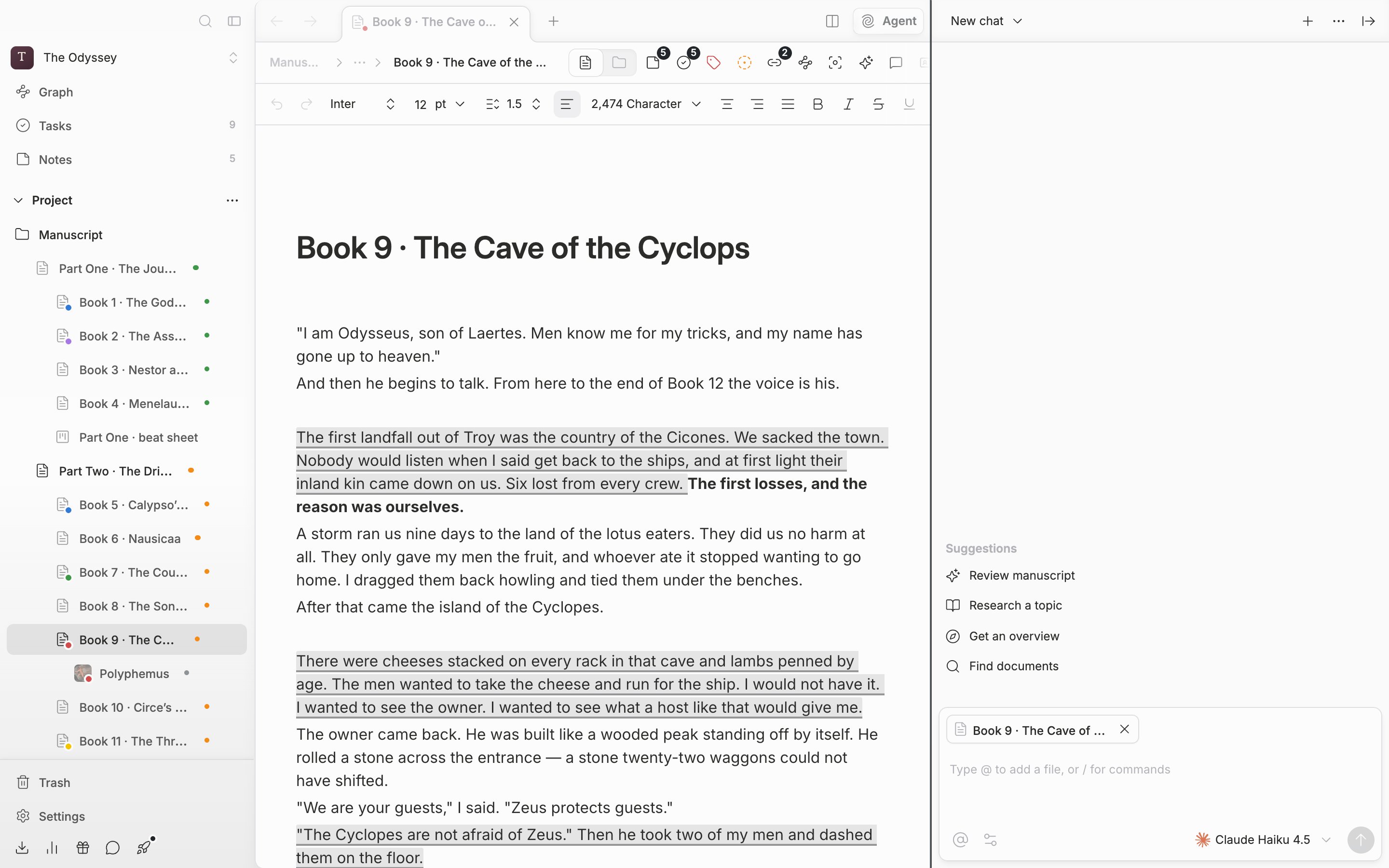 The agent panel on the right is open and sits alongside the manuscript. The cursor is on the divider between the panel and the manuscript, highlighting the resize handle.