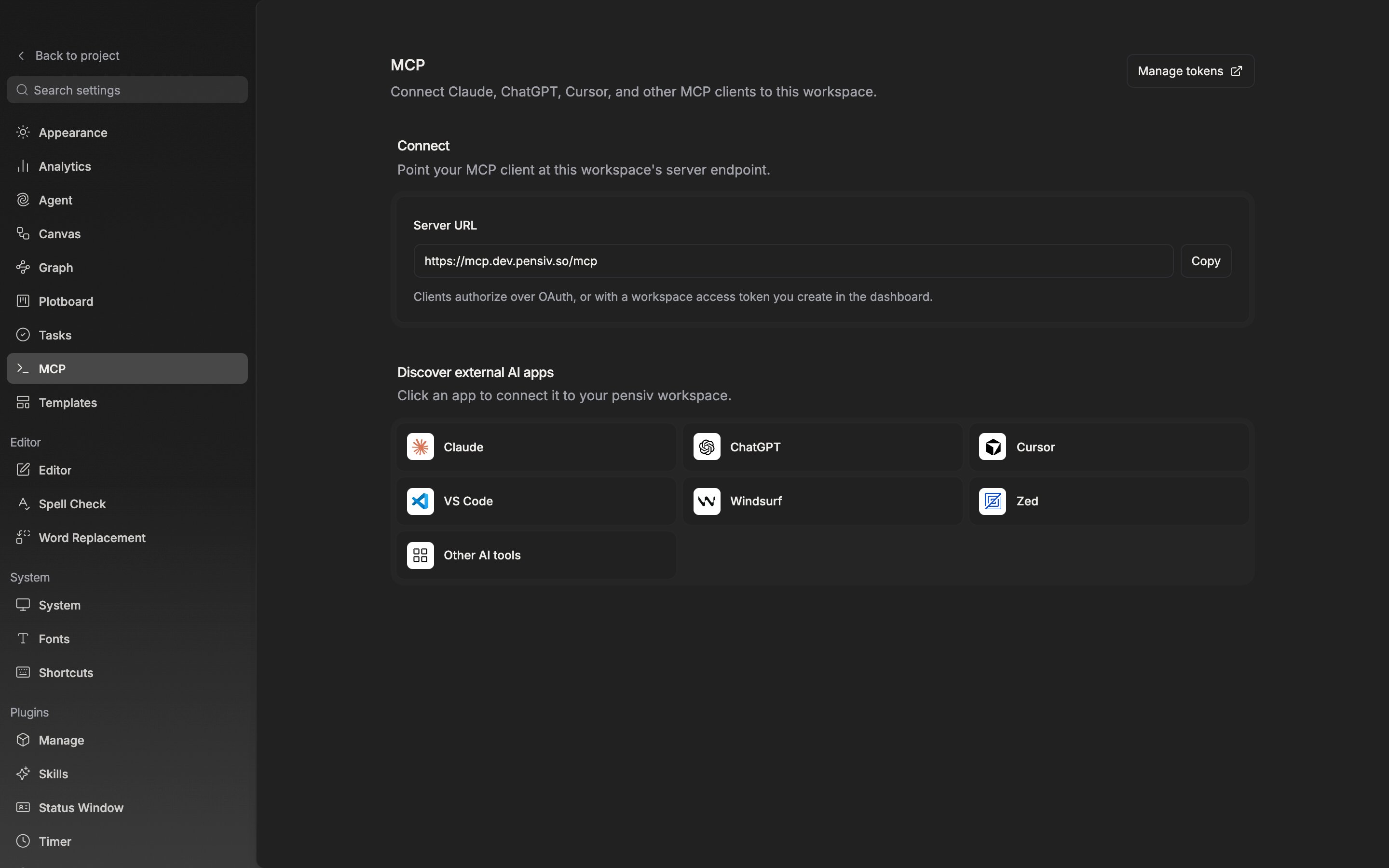 The same tab scrolled down so the âDiscover external AI appsâ section is visible. All seven tiles â Claude, ChatGPT, Cursor, VS Code, Windsurf, Zed, and âOther AI toolsâ â appear active.