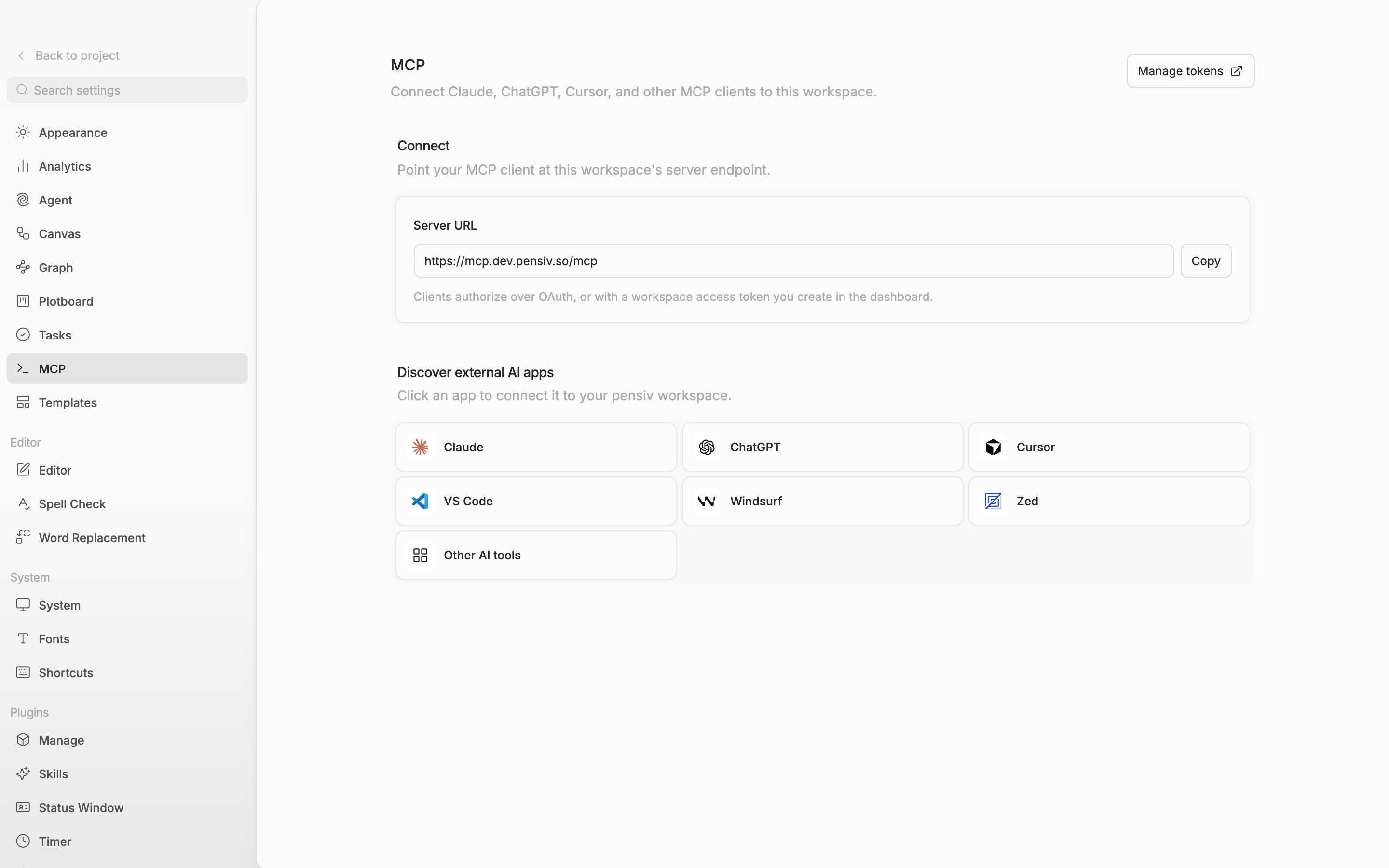 The same tab scrolled down so the “Discover external AI apps” section is visible. All seven tiles — Claude, ChatGPT, Cursor, VS Code, Windsurf, Zed, and “Other AI tools” — appear active.