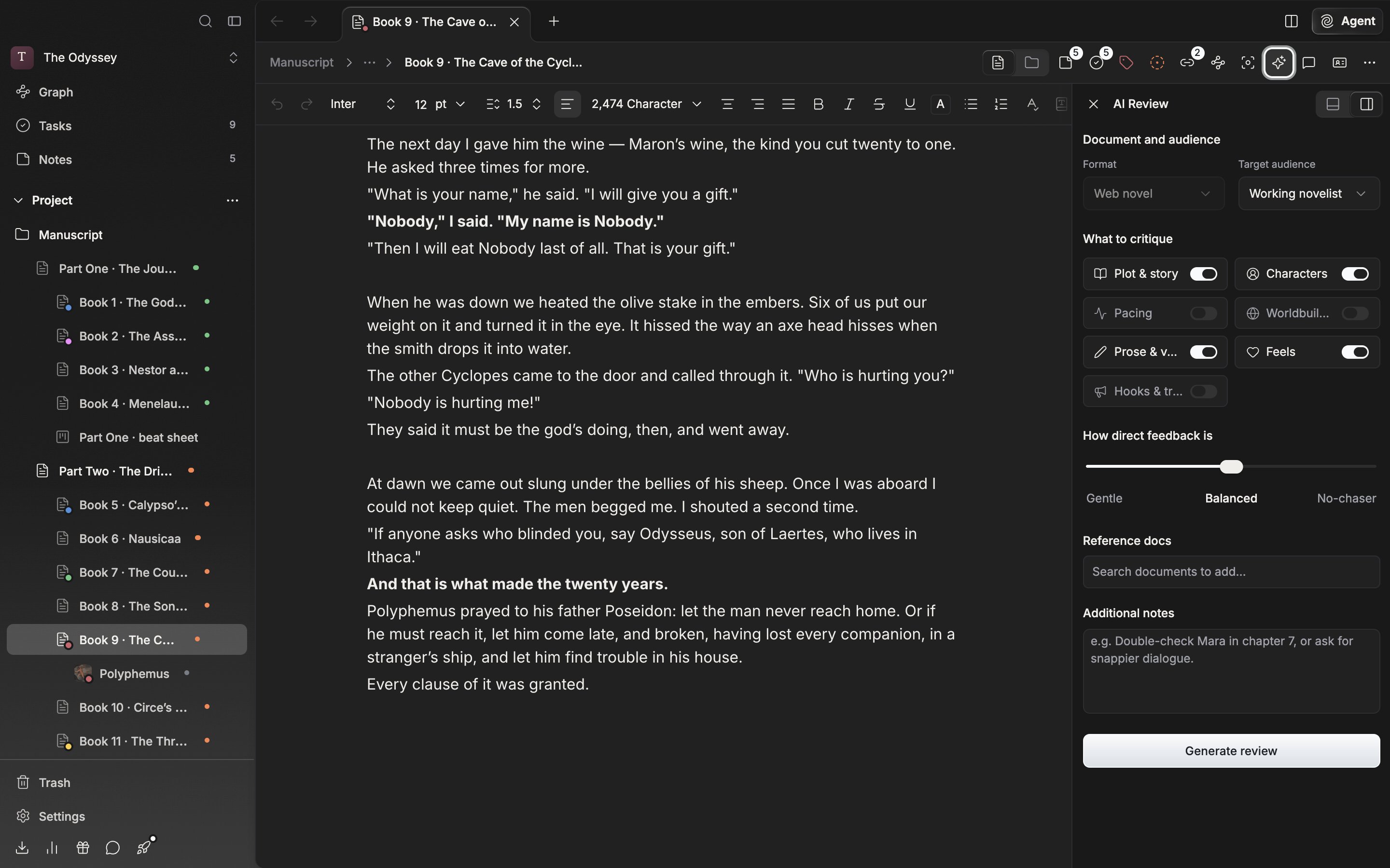 One document is open and the AI Review panel is up on the right showing the settings screen. Document and audience, what to critique, and how direct feedback is all fit on one screen.