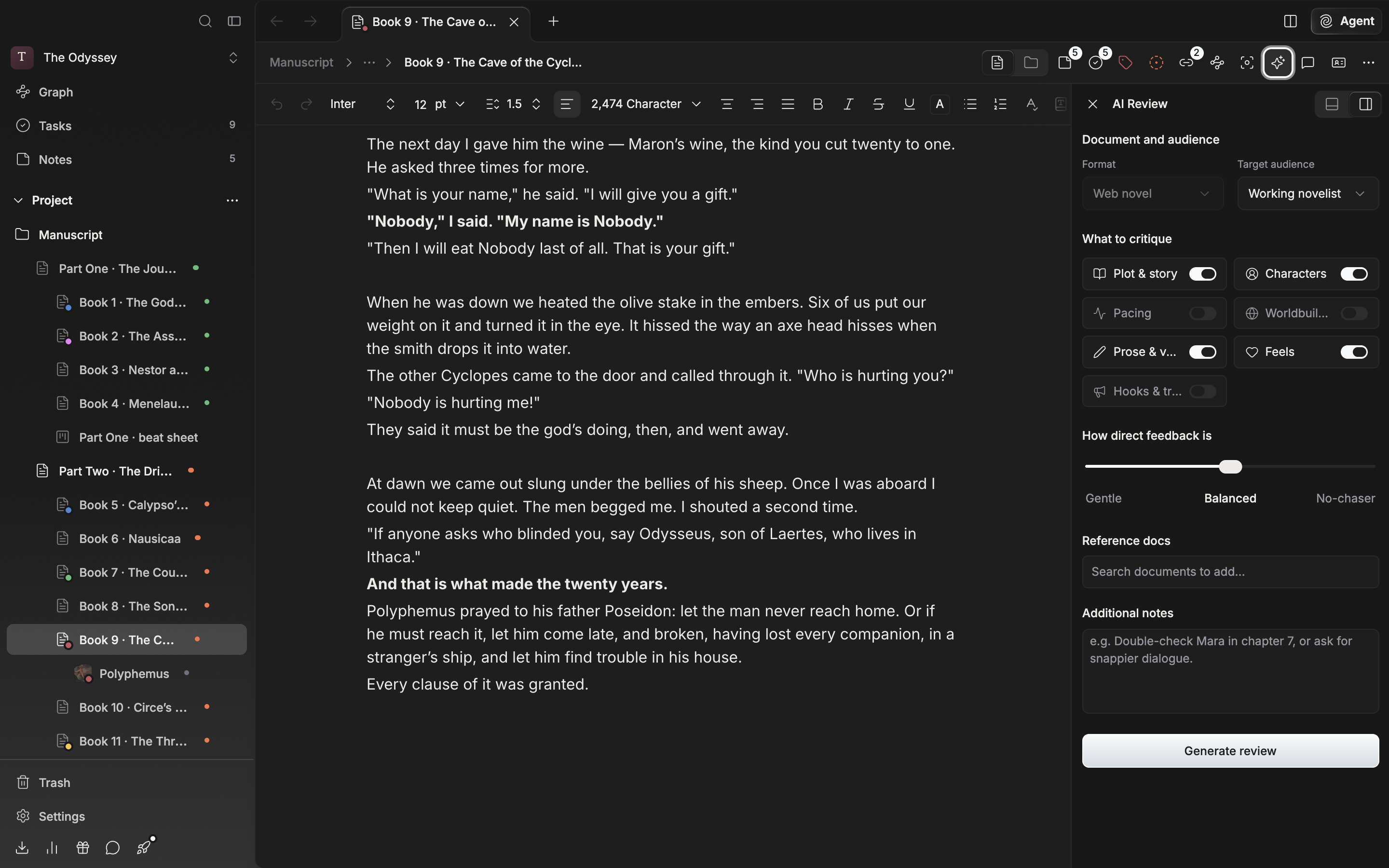 Right after opening a document and pressing AI Review in the header so the panel opens on the right. The Format and Target audience dropdowns and the What to critique checklist are visible, with a blue Generate review button below.