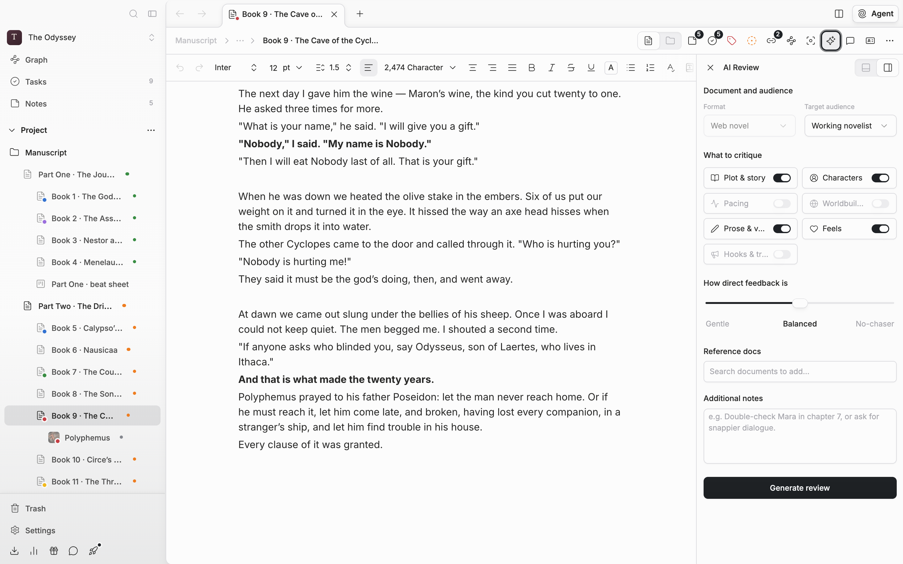 Right after opening a document and pressing AI Review in the header so the panel opens on the right. The Format and Target audience dropdowns and the What to critique checklist are visible, with a blue Generate review button below.