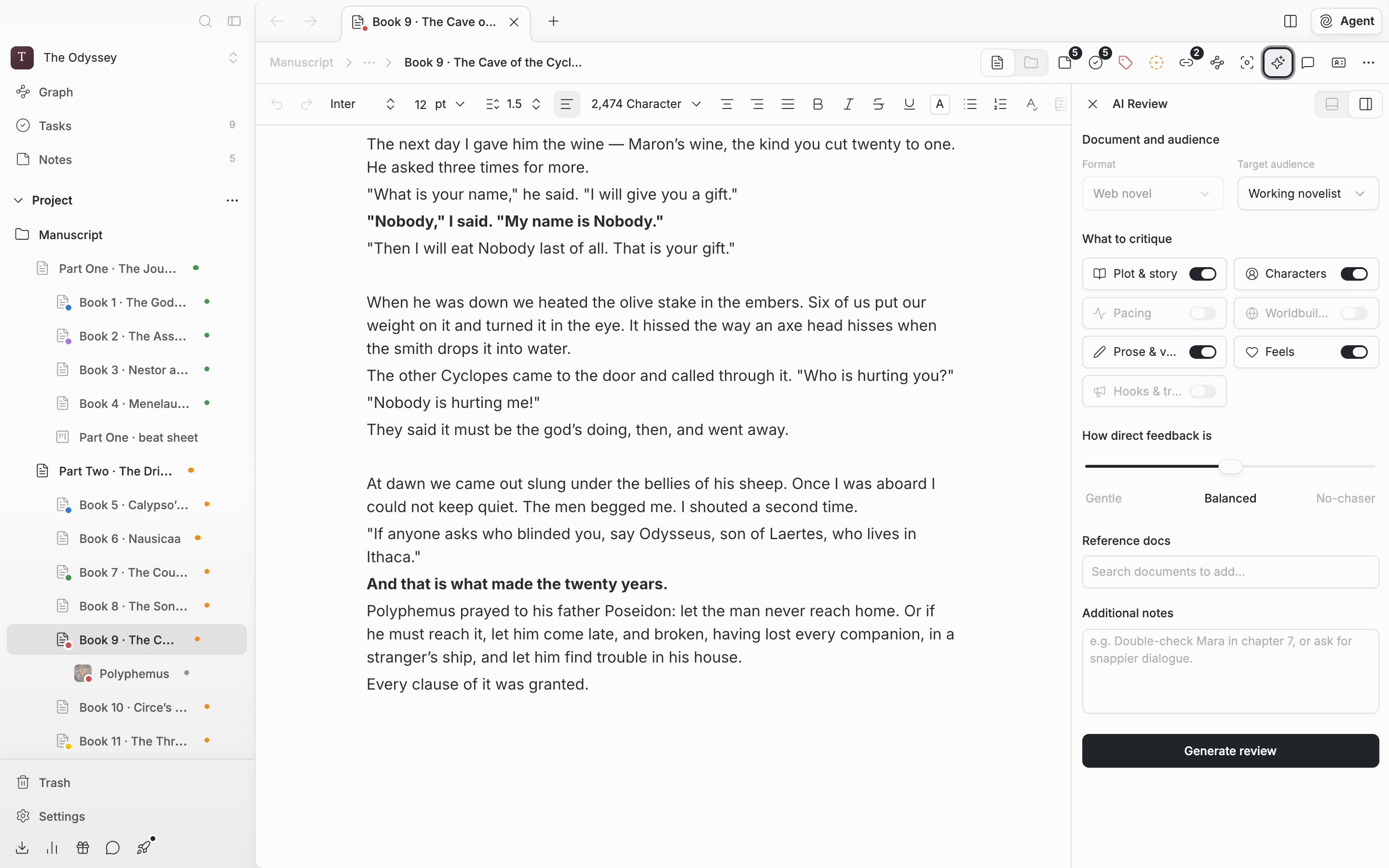 Right after opening a document and pressing AI Review in the header so the panel opens on the right. The Format and Target audience dropdowns and the What to critique checklist are visible, with a blue Generate review button below.