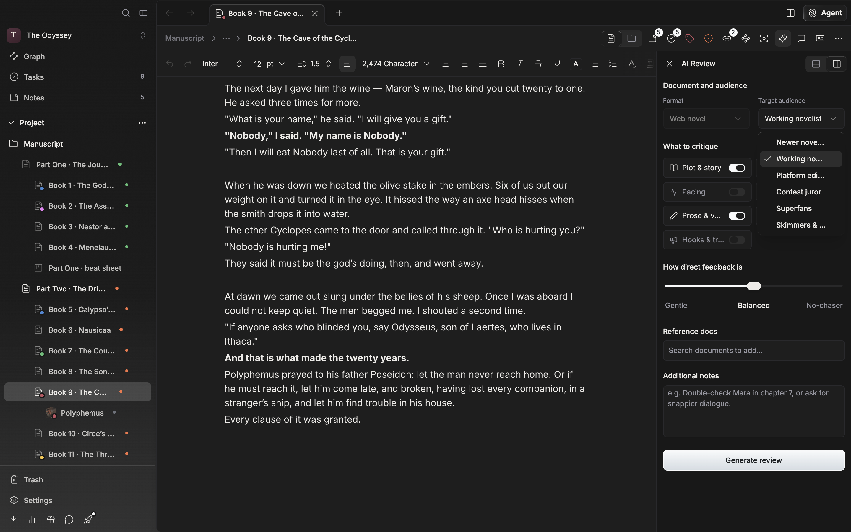 The top of the settings screen in the AI Review panel on the right. Under “Document and audience”, the disabled Format box holds “Web novel”, and the Target audience select beside it is open with six items expanded.