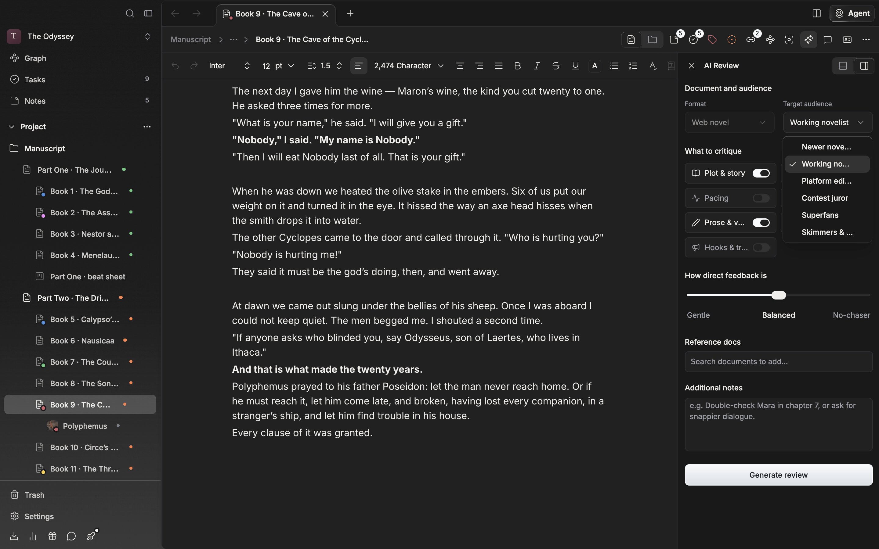 The top of the settings screen in the AI Review panel on the right. Under “Document and audience”, the disabled Format box holds “Web novel”, and the Target audience select beside it is open with six items expanded.