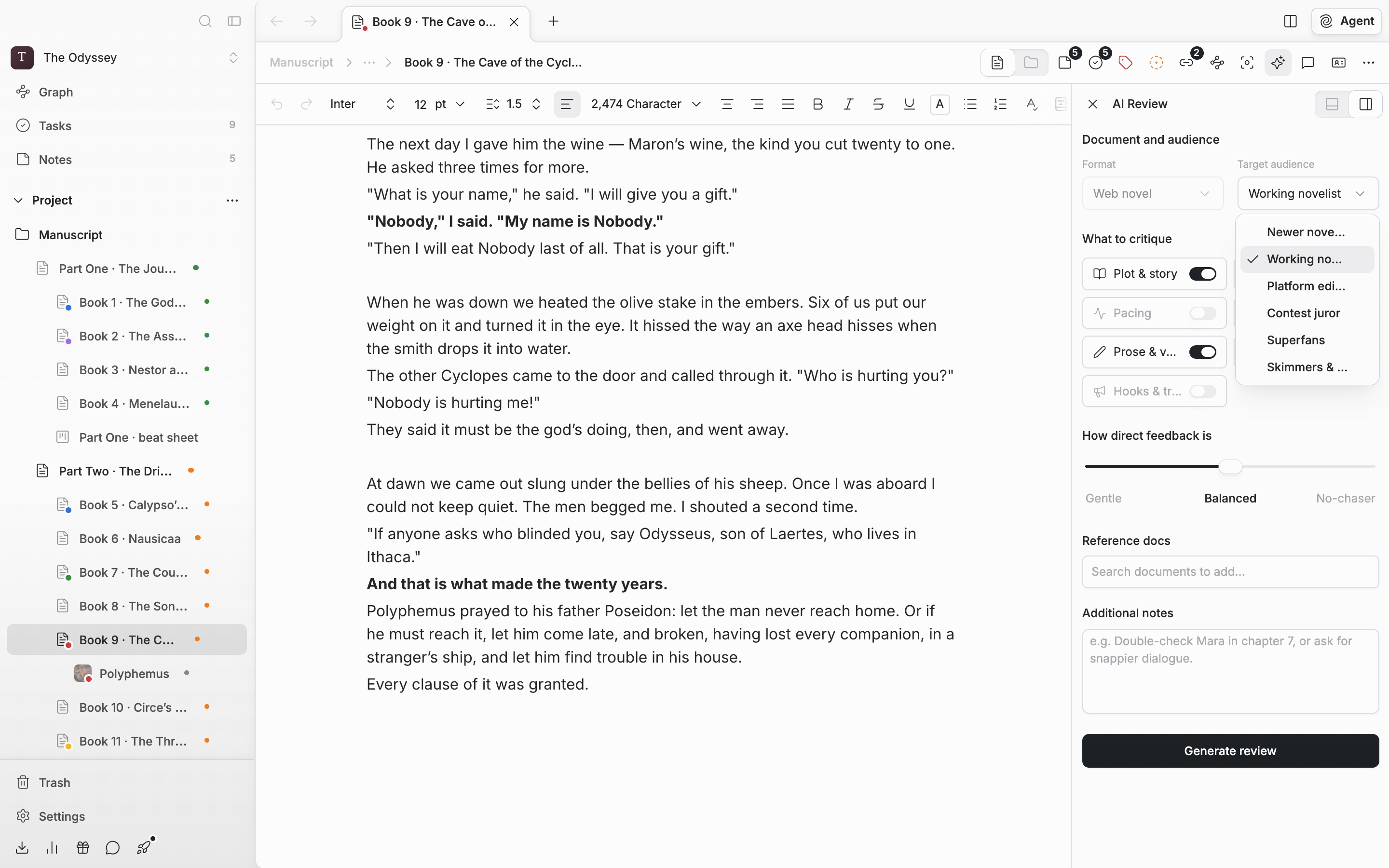 The top of the settings screen in the AI Review panel on the right. Under “Document and audience”, the disabled Format box holds “Web novel”, and the Target audience select beside it is open with six items expanded.