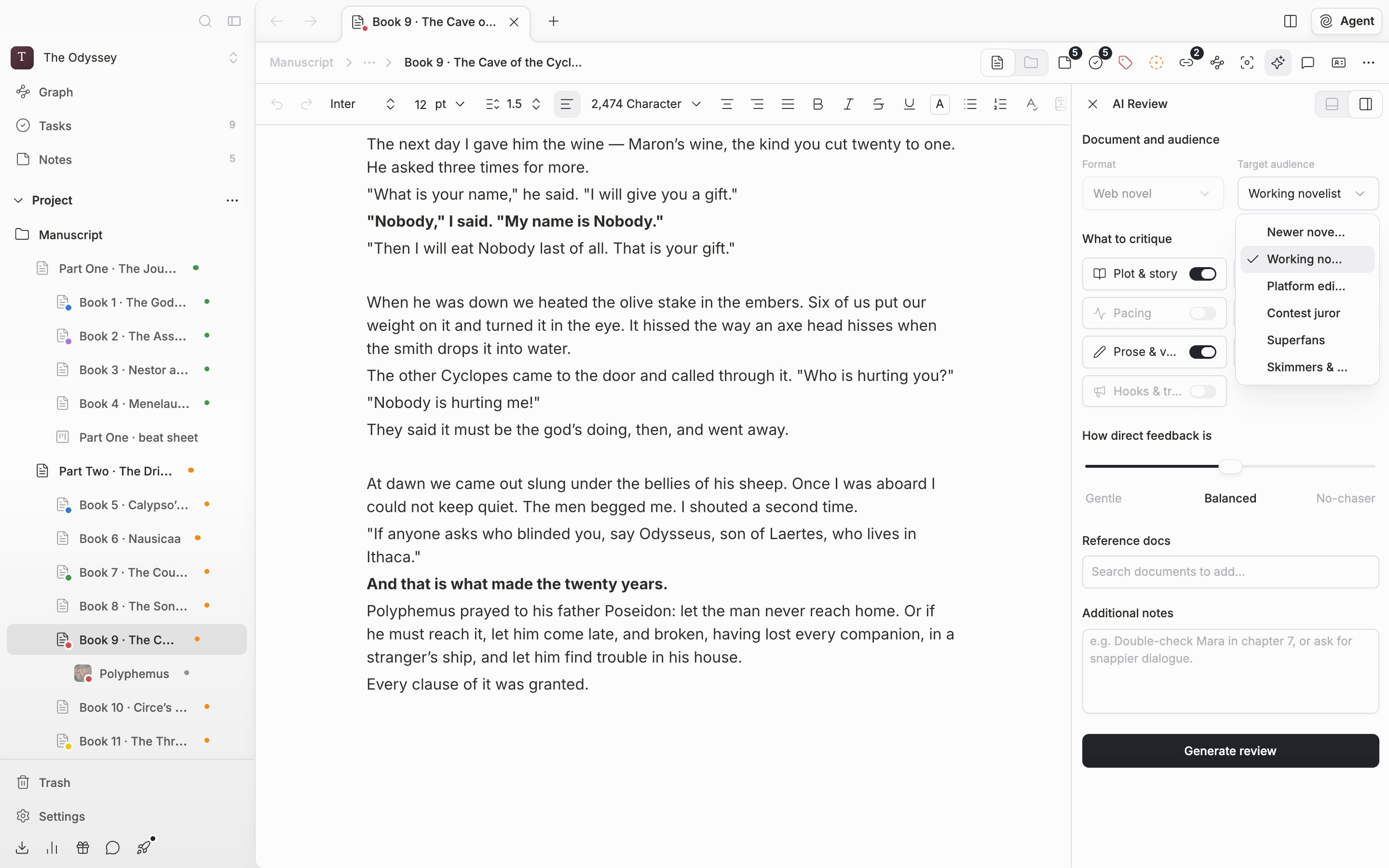 The top of the settings screen in the AI Review panel on the right. Under “Document and audience”, the disabled Format box holds “Web novel”, and the Target audience select beside it is open with six items expanded.