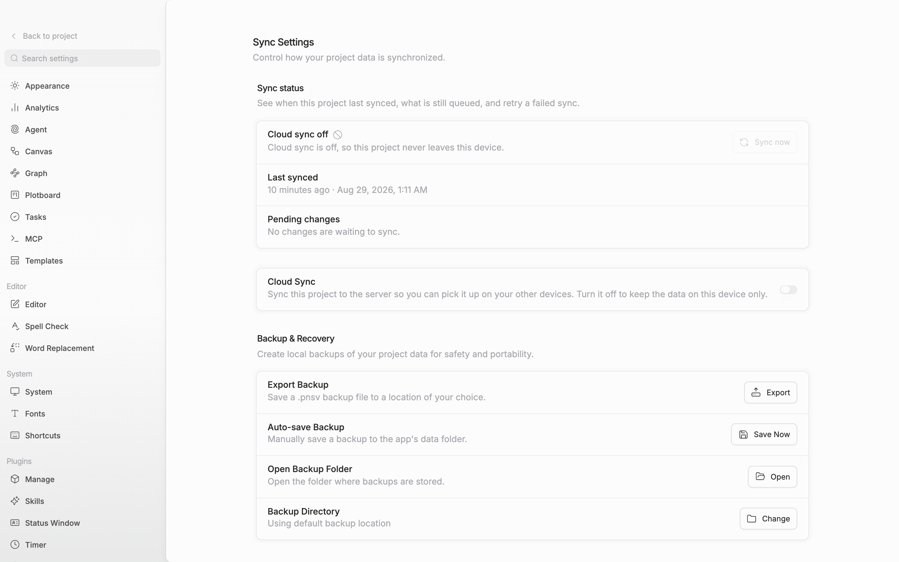 The top of the Sync Settings tab. The “Sync status” card reads “Up to date” with a green check and shows a “Sync now” button, and the row below it with the “Cloud Sync” switch turned on fits in the same screen.