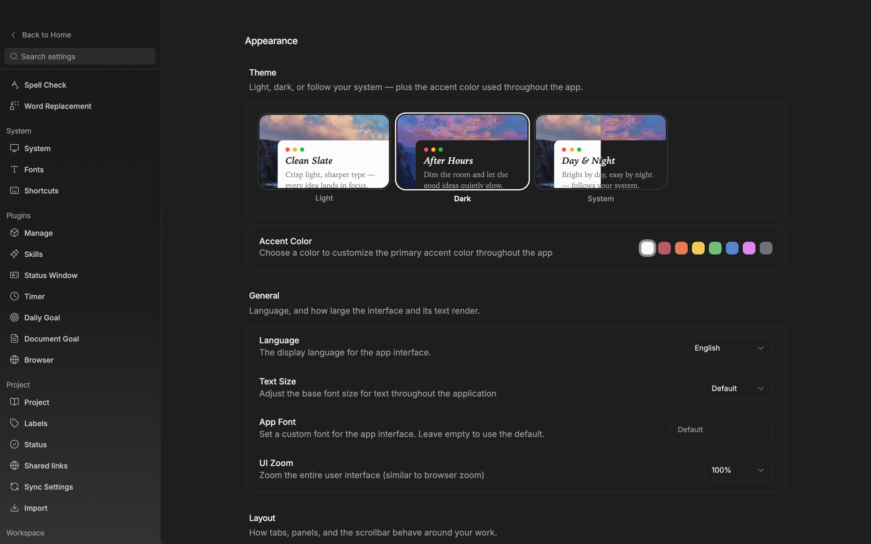 Scrolled to the “Window” section. The Translucent window switch is on, so the three slider rows below it — Opacity, Grain, and Accent tint — are all visible.