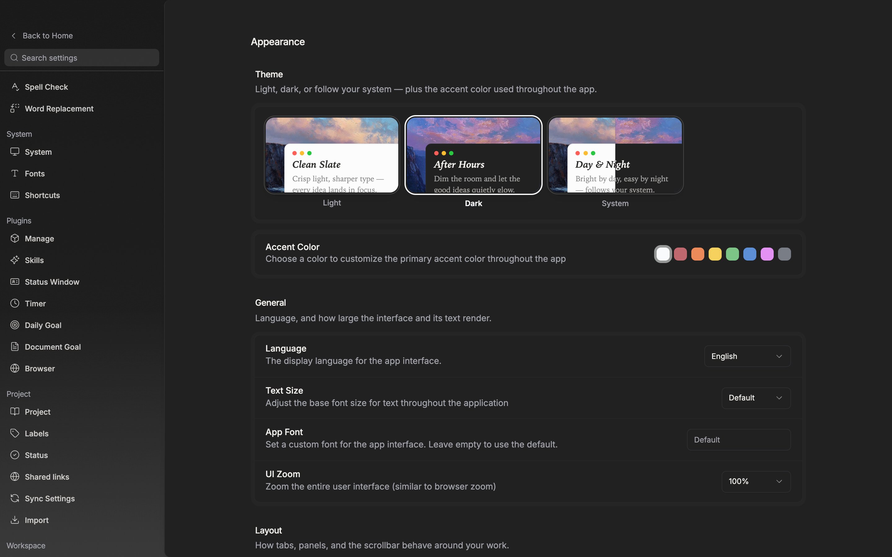 Scrolled to the âWindowâ section. The Translucent window switch is on, so the three slider rows below it â Opacity, Grain, and Accent tint â are all visible.
