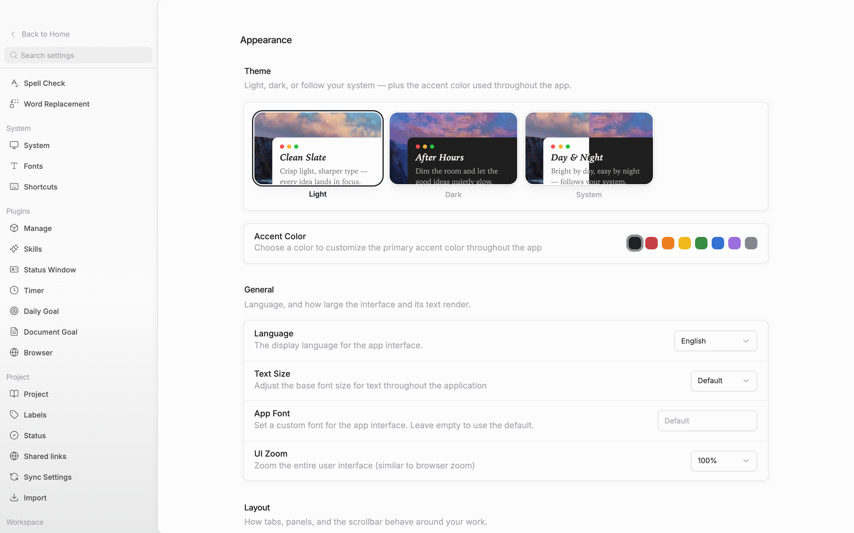 Scrolled to the “Window” section. The Translucent window switch is on, so the three slider rows below it — Opacity, Grain, and Accent tint — are all visible.