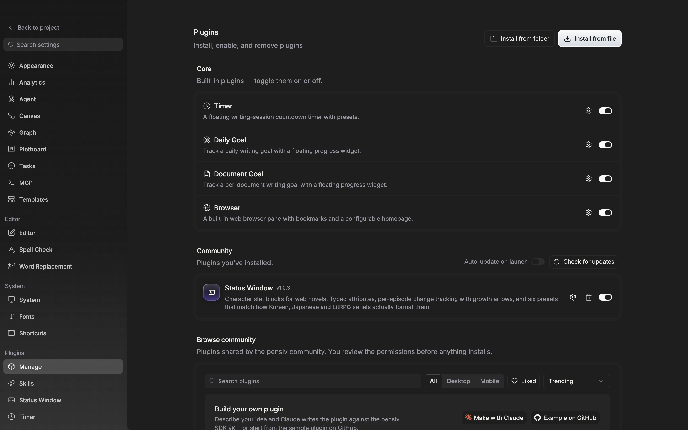 The Core section holds four rows — Timer, Daily Goal, Document Goal, and Browser — with their switches on, followed below by the Community section and the Browse community cards.