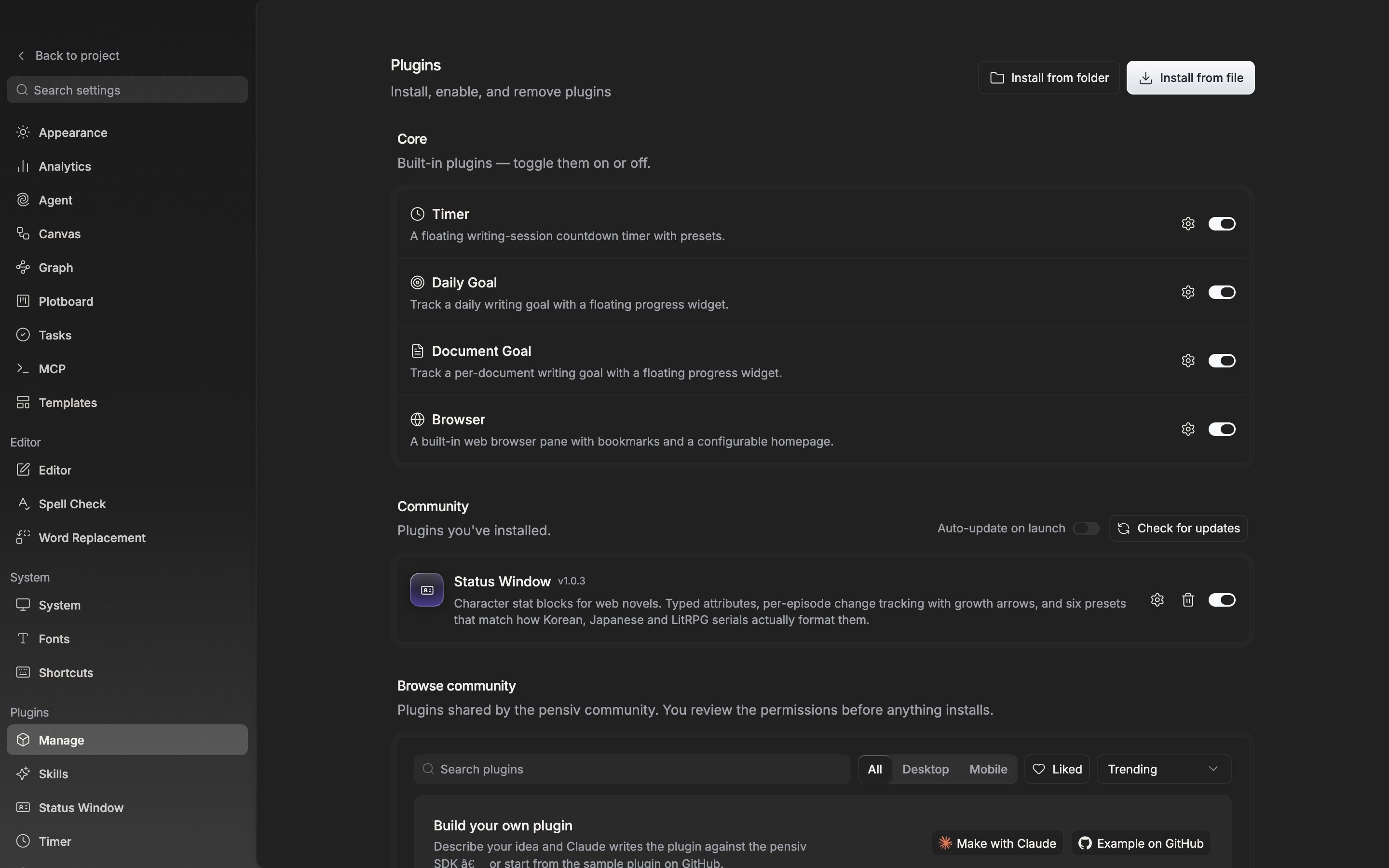 The Core section holds four rows — Timer, Daily Goal, Document Goal, and Browser — with their switches on, followed below by the Community section and the Browse community cards.
