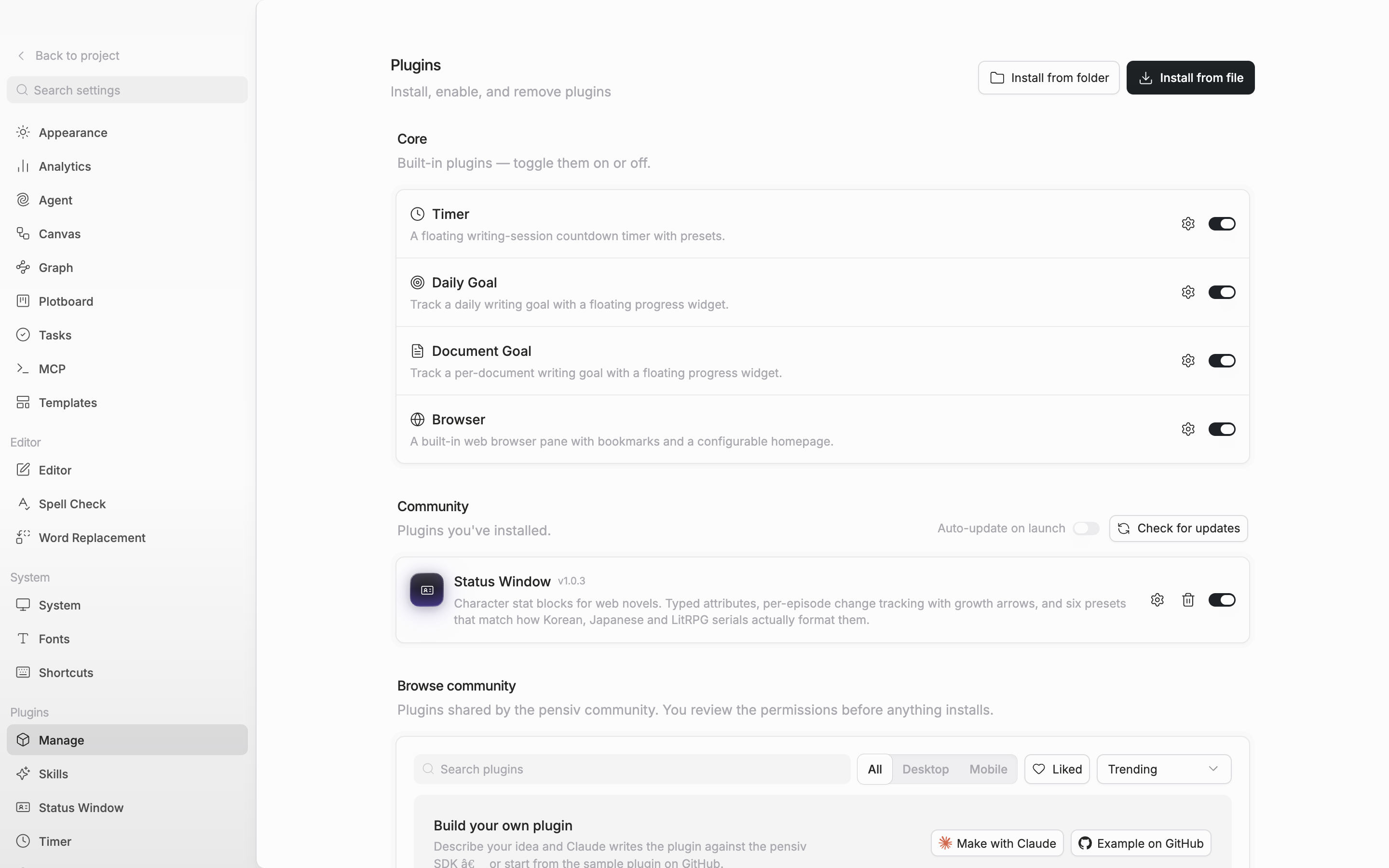 The Core section holds four rows — Timer, Daily Goal, Document Goal, and Browser — with their switches on, followed below by the Community section and the Browse community cards.