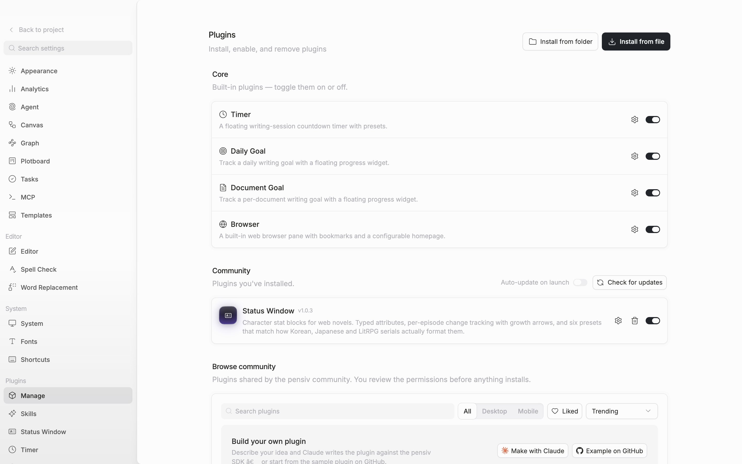 The Core section holds four rows — Timer, Daily Goal, Document Goal, and Browser — with their switches on, followed below by the Community section and the Browse community cards.