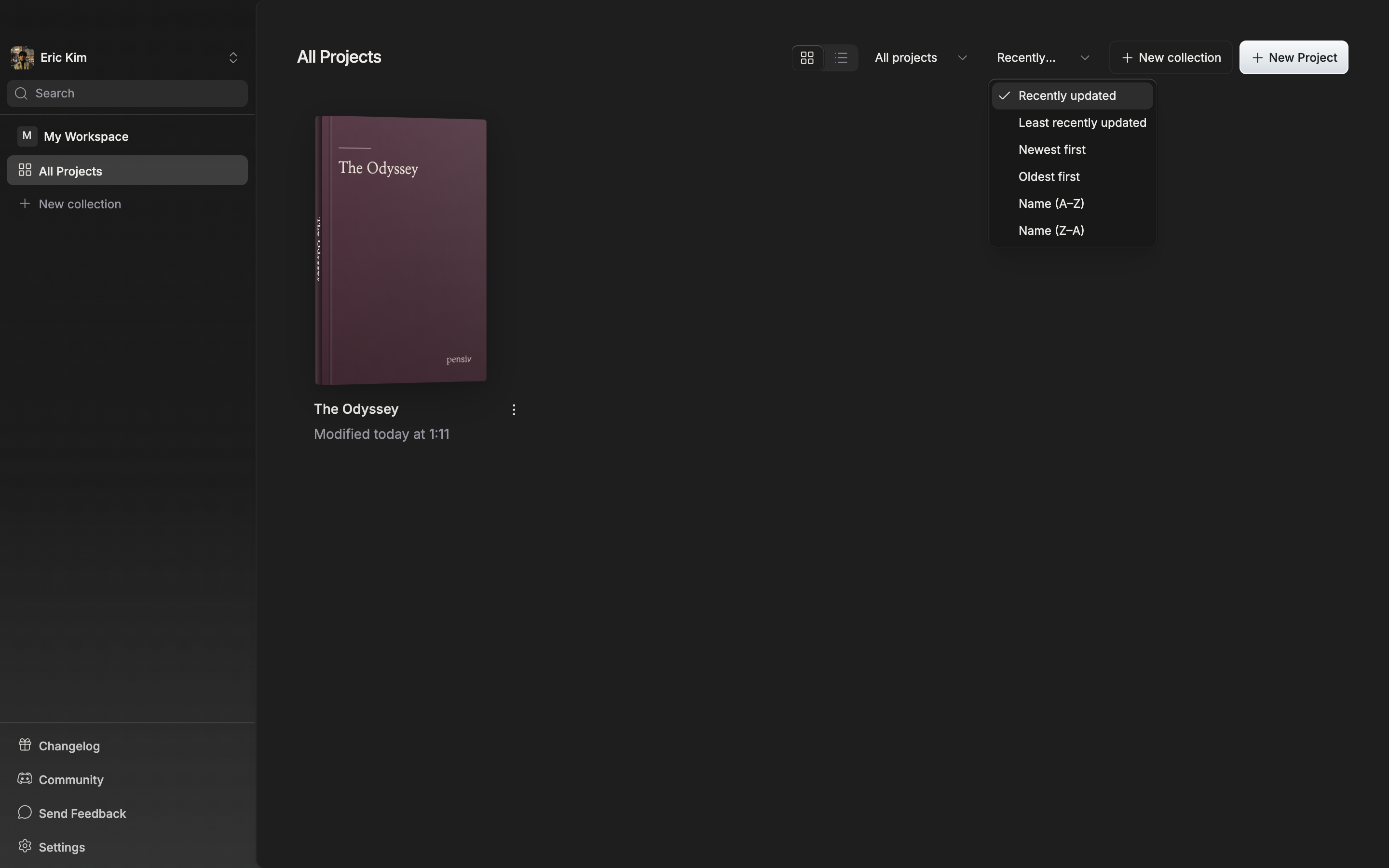 The sort dropdown is open with all six entries visible.