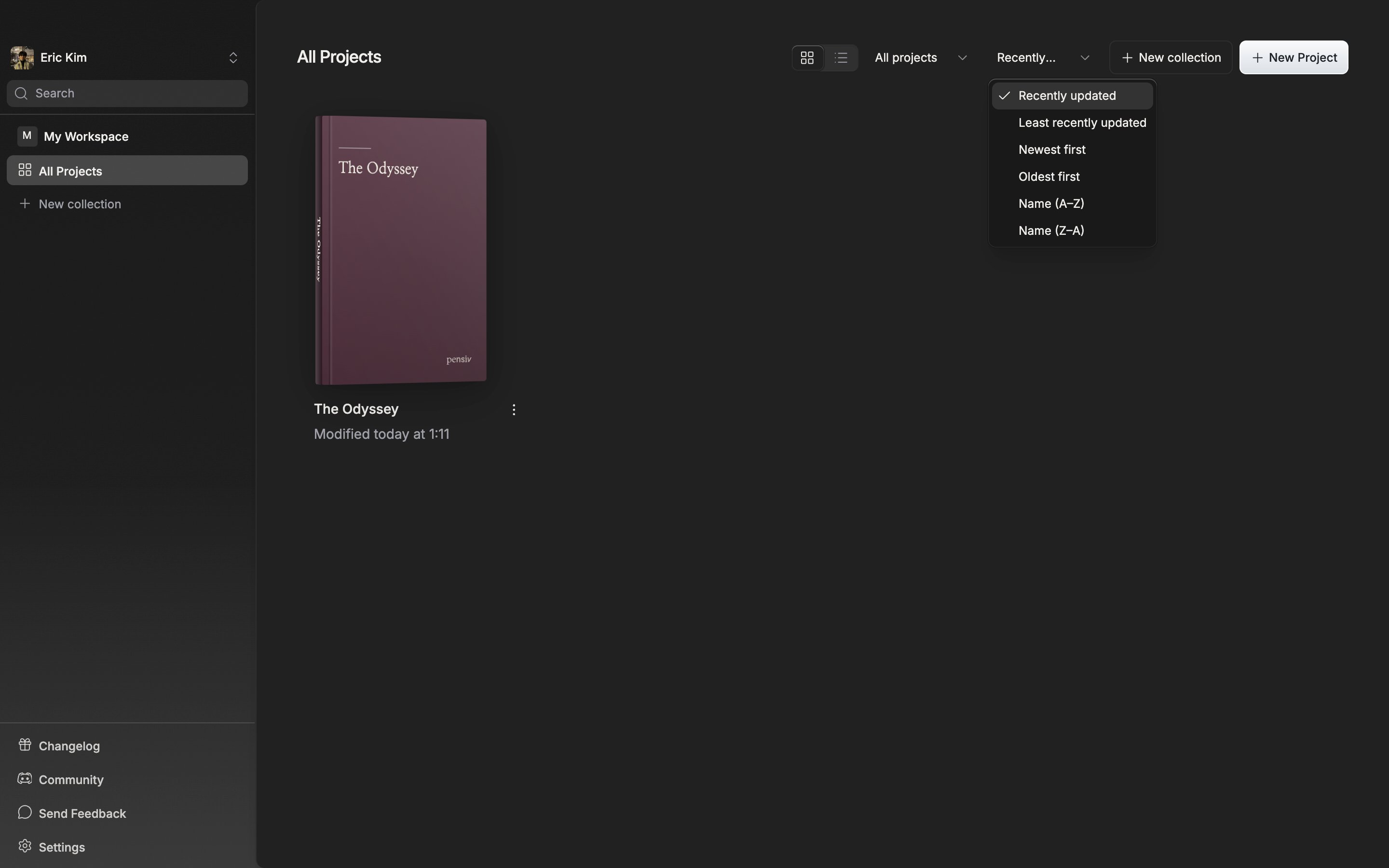 The sort dropdown is open with all six entries visible.
