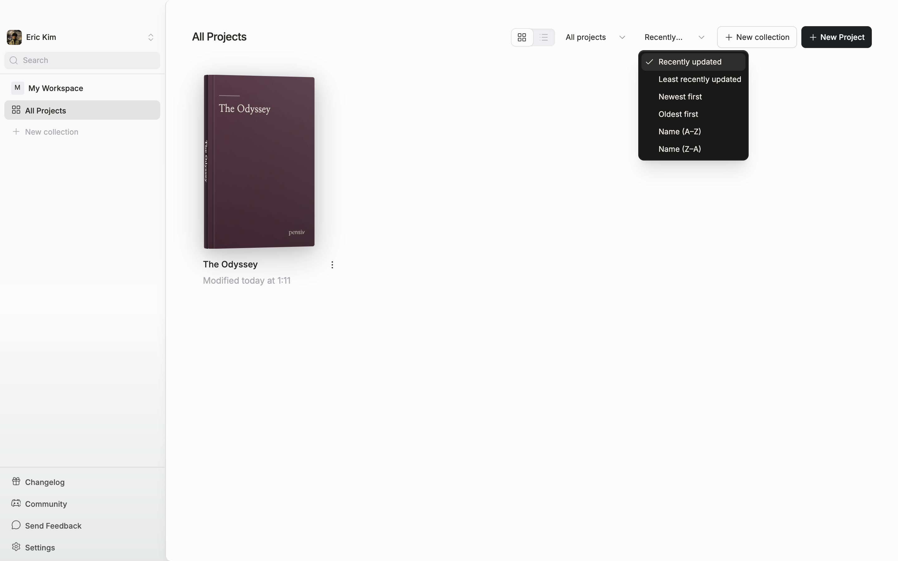 The sort dropdown is open with all six entries visible.