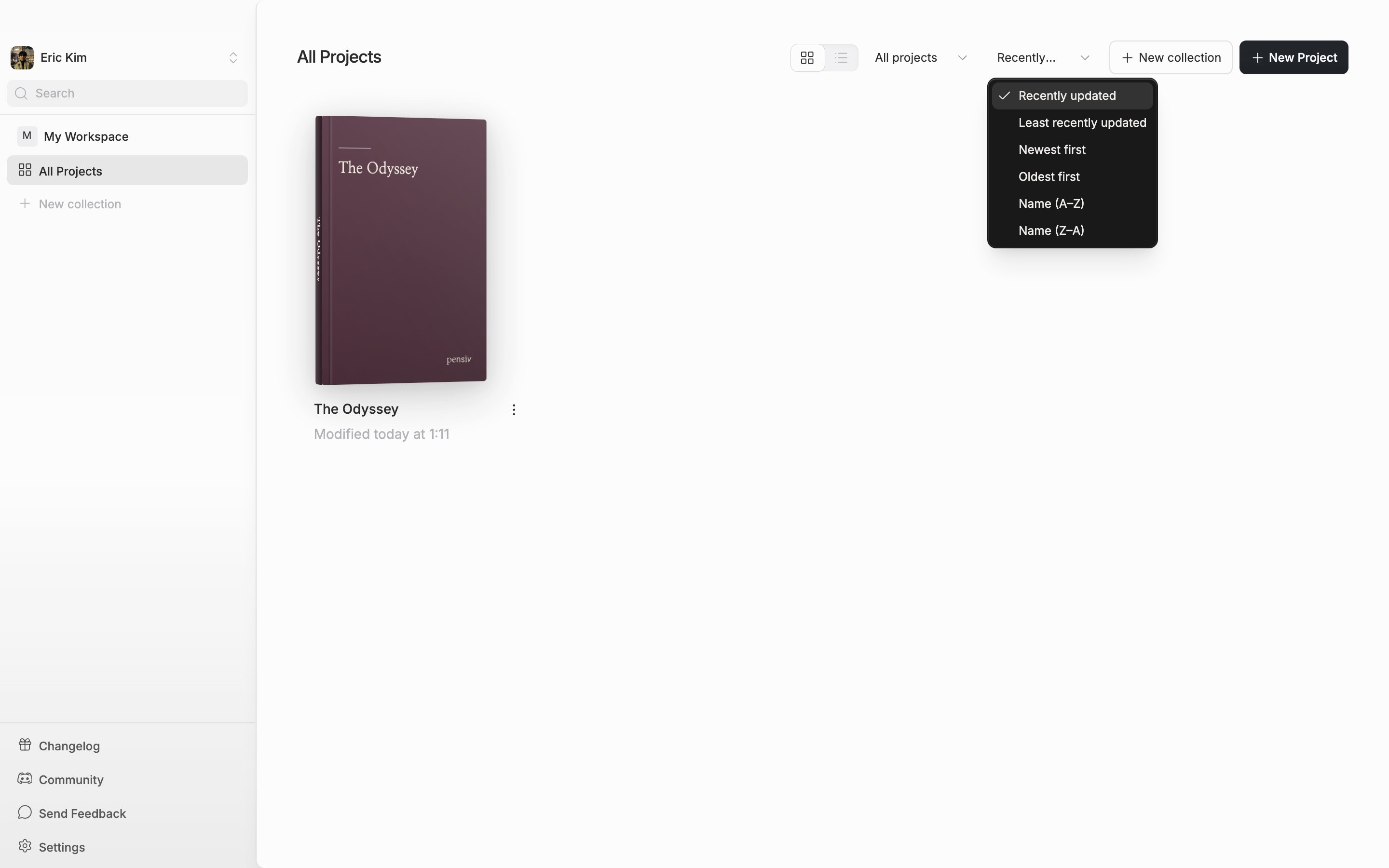 The sort dropdown is open with all six entries visible.