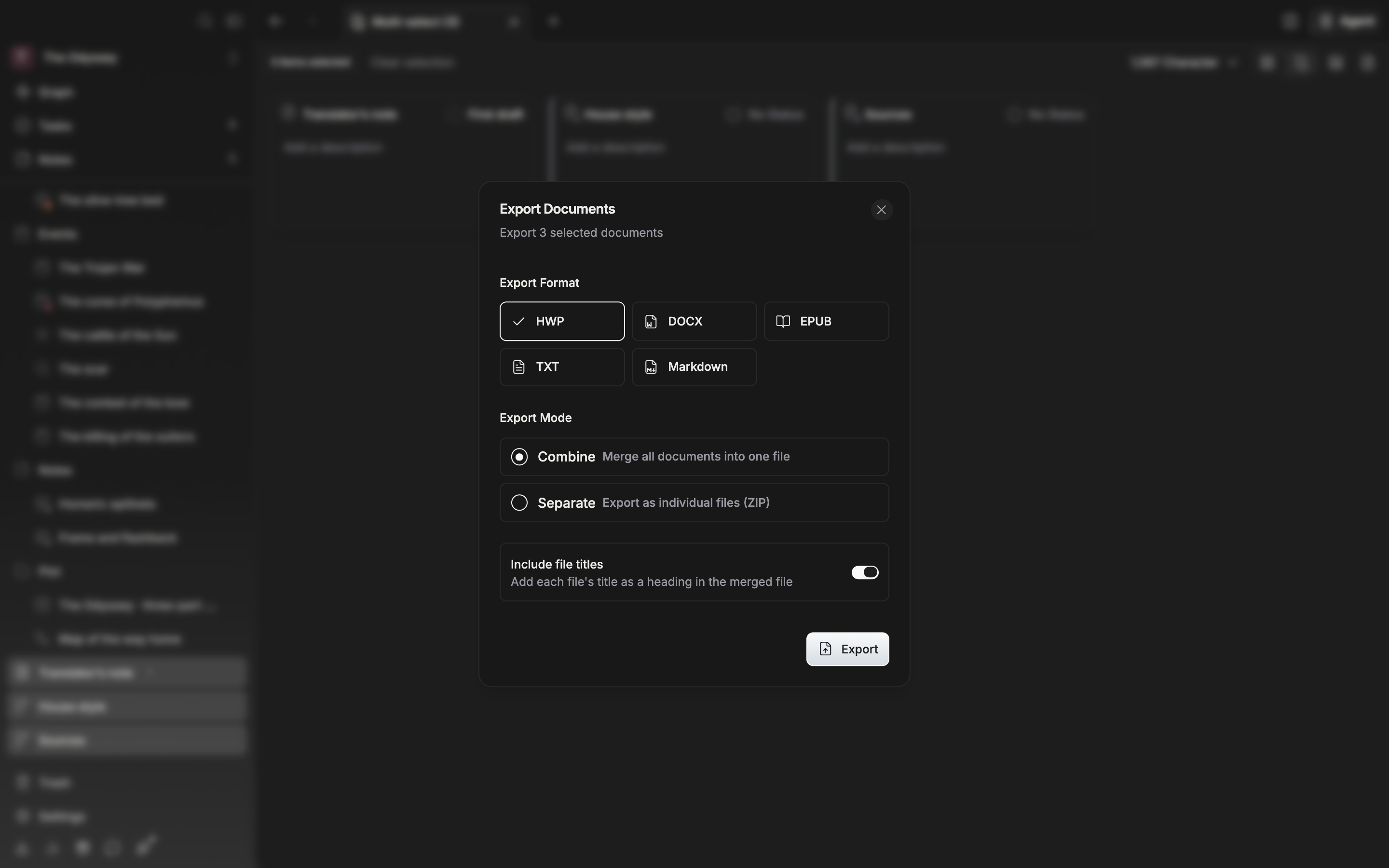 Three documents have been selected and the “Export Documents” dialog is open, with HWP as the format and Combine as the mode.