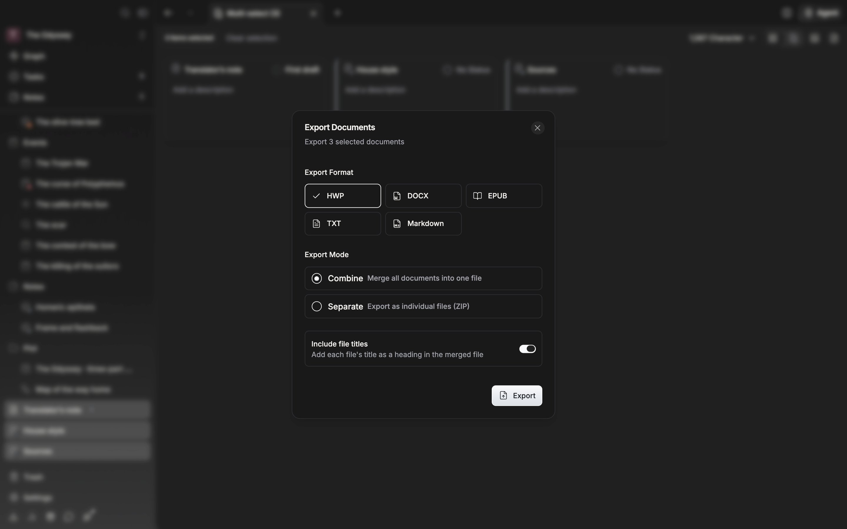 Three documents have been selected and the “Export Documents” dialog is open, with HWP as the format and Combine as the mode.