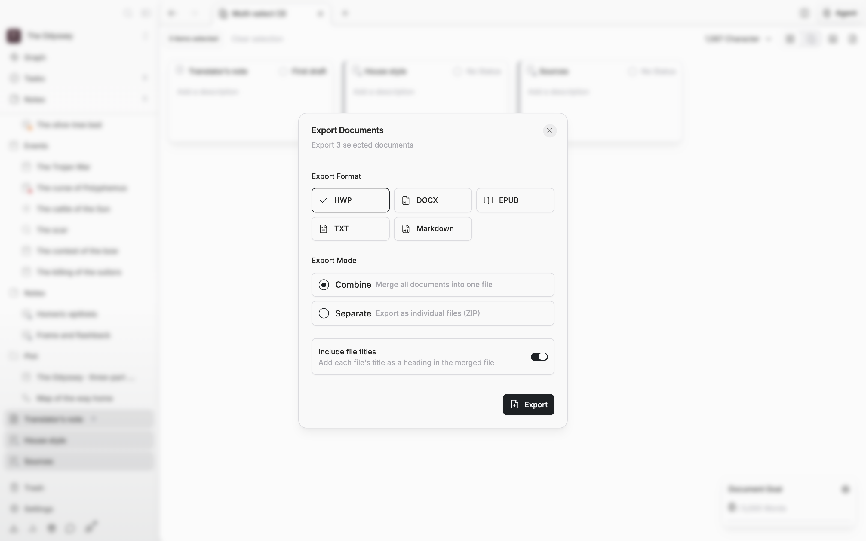 Three documents have been selected and the “Export Documents” dialog is open, with HWP as the format and Combine as the mode.