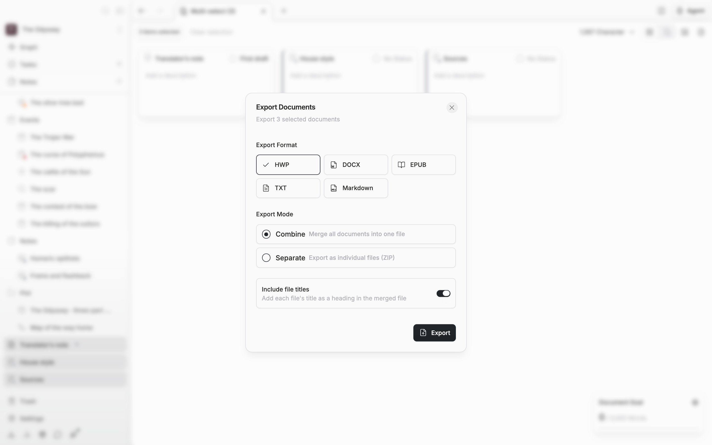 Three documents have been selected and the “Export Documents” dialog is open, with HWP as the format and Combine as the mode.