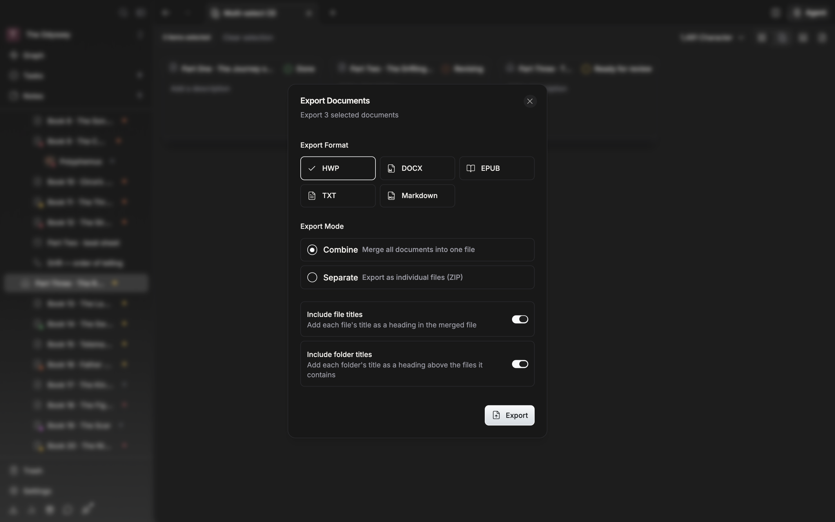 The mode is Combine, so both the “Include file titles” and “Include folder titles” switches are on.
