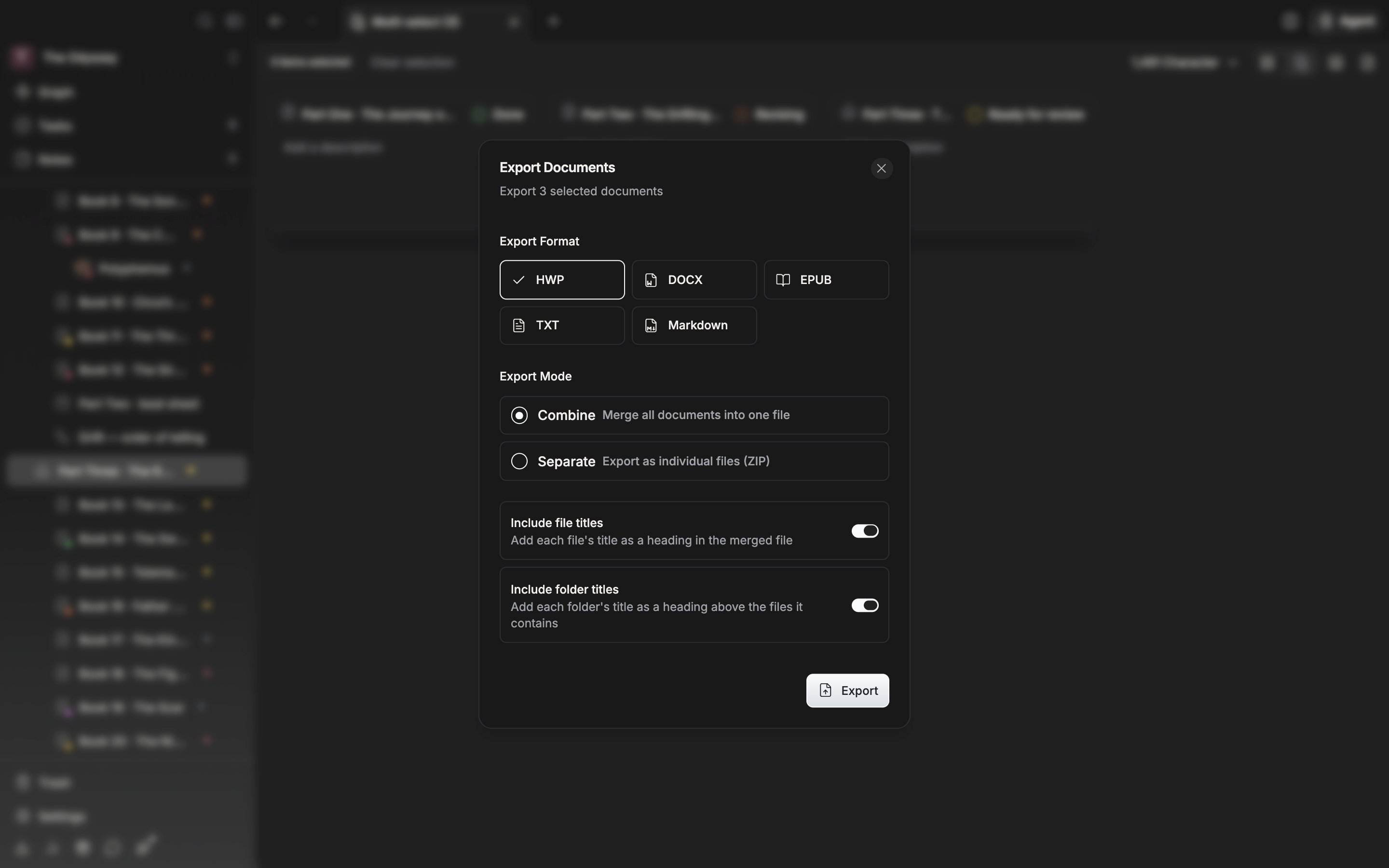 The mode is Combine, so both the “Include file titles” and “Include folder titles” switches are on.