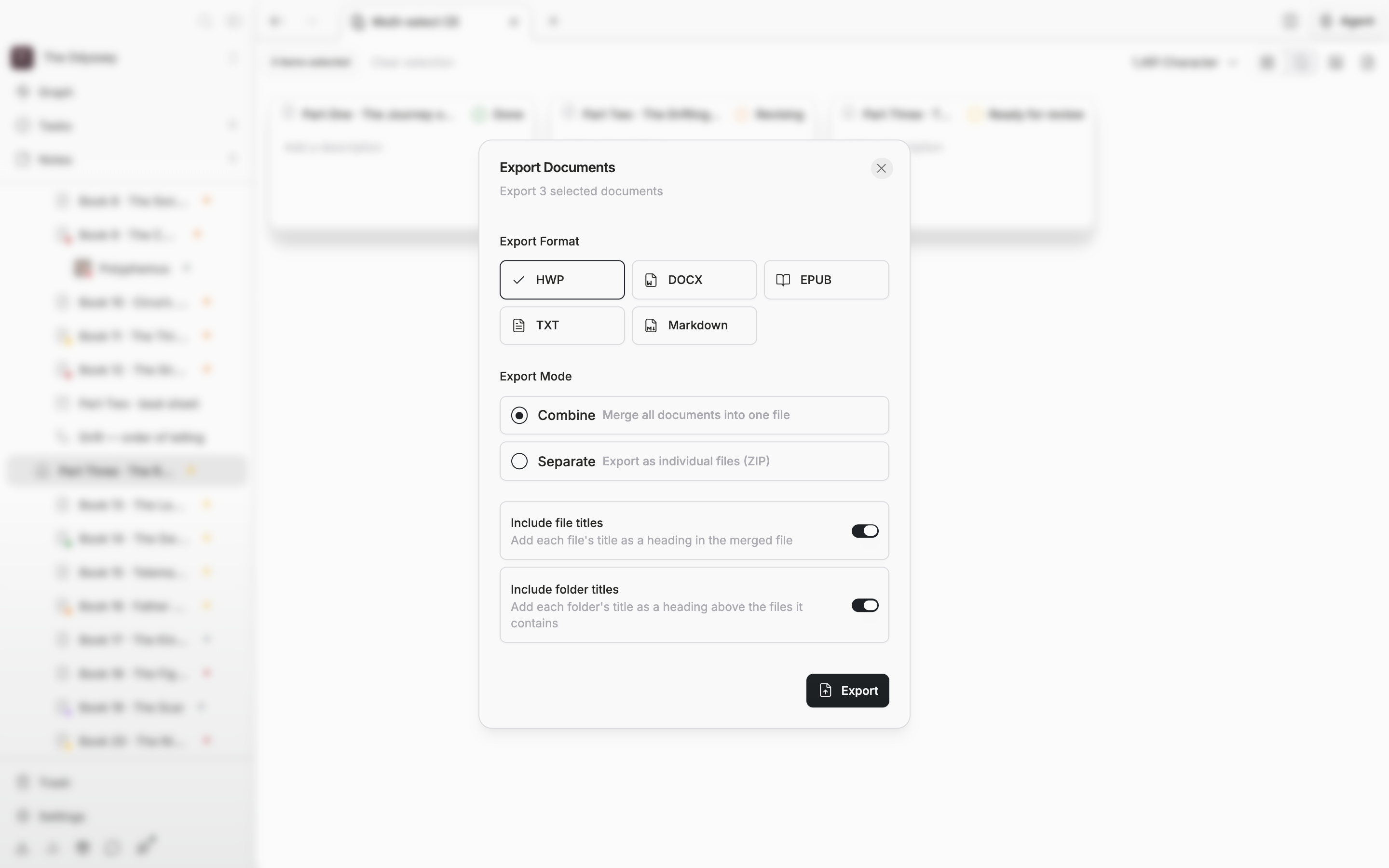 The mode is Combine, so both the “Include file titles” and “Include folder titles” switches are on.