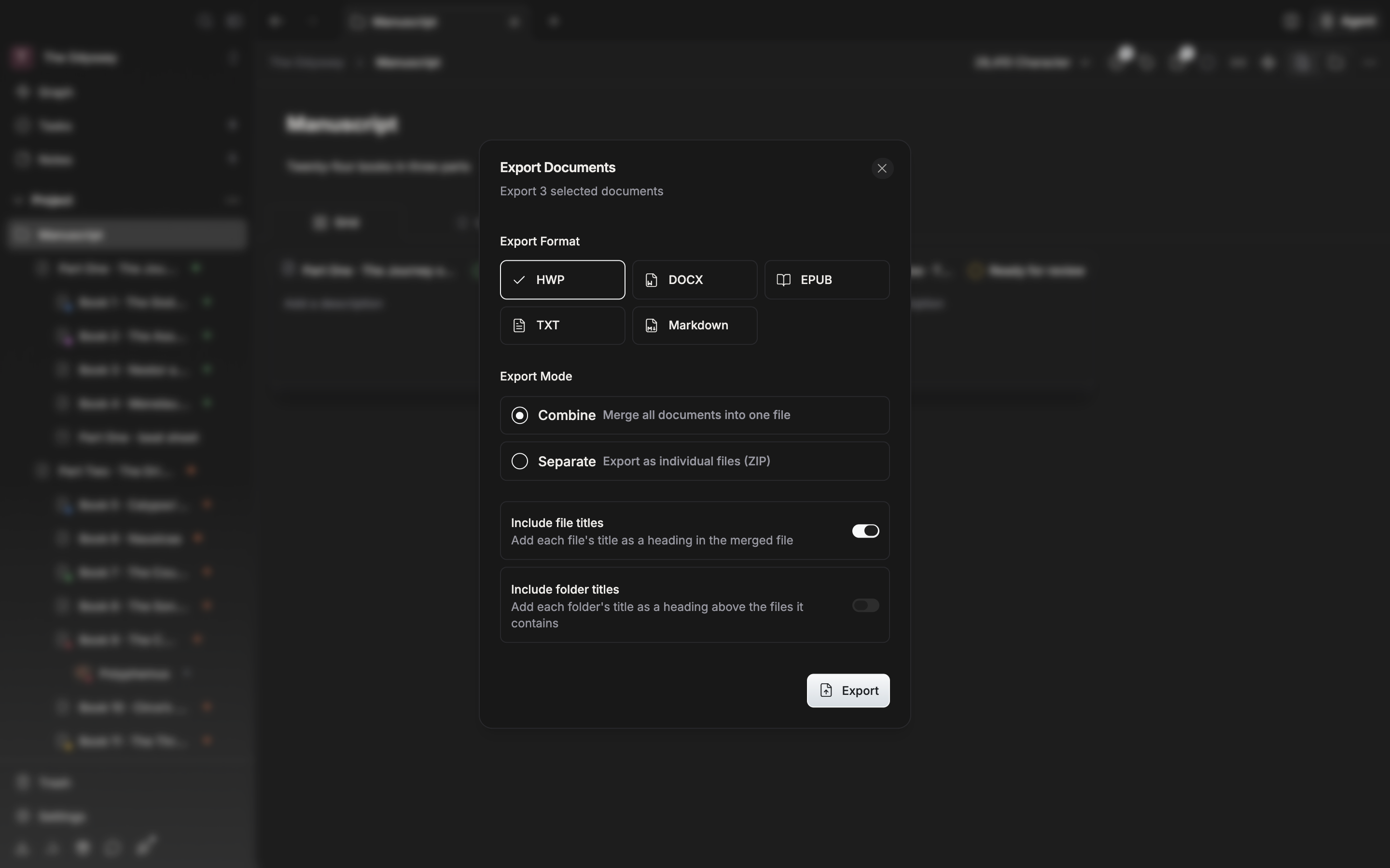 The “Export Documents” dialog is open with HWP selected under Export Format, and the Export Mode set to “Combine” with the “Include file titles” switch on.