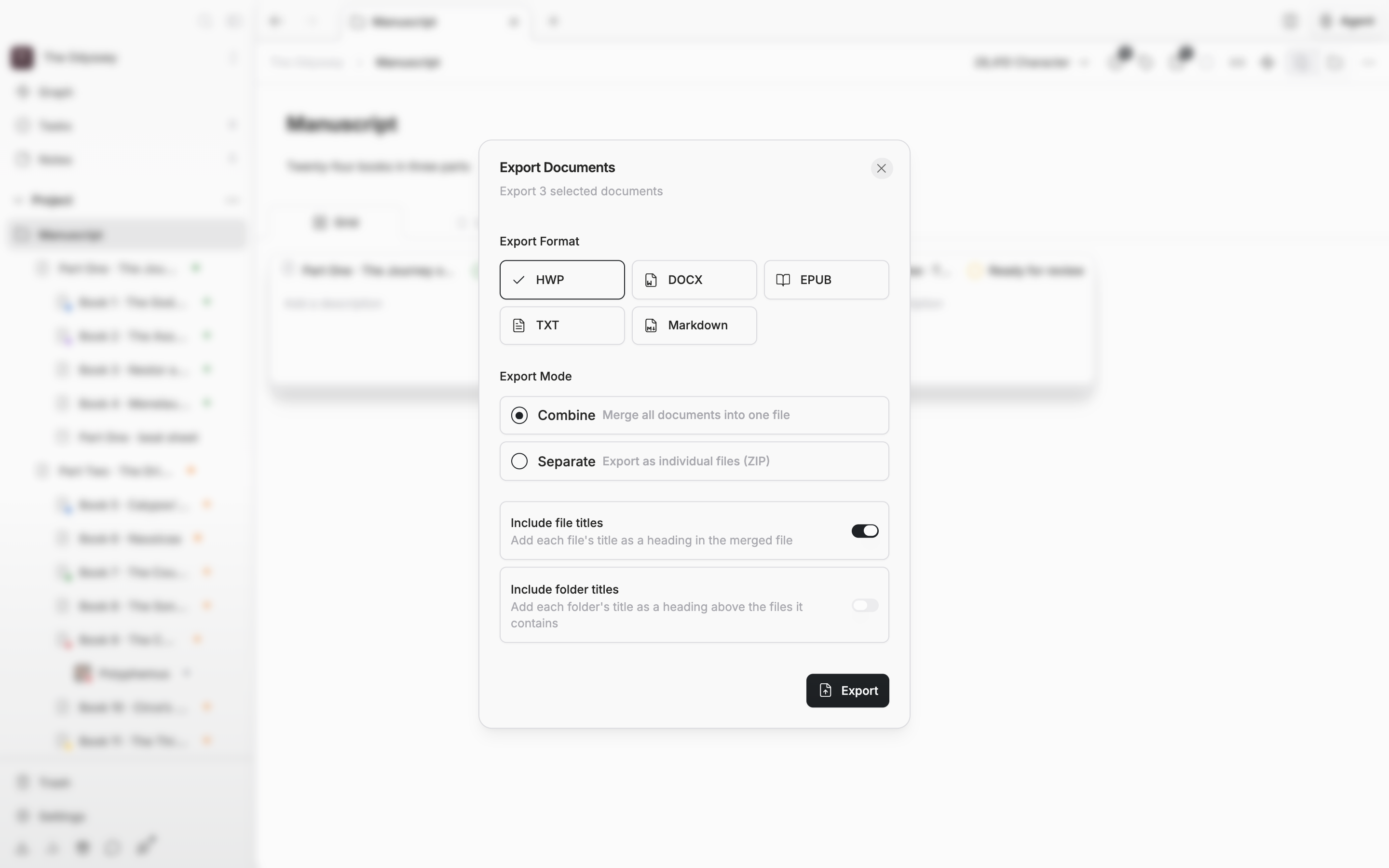 The “Export Documents” dialog is open with HWP selected under Export Format, and the Export Mode set to “Combine” with the “Include file titles” switch on.