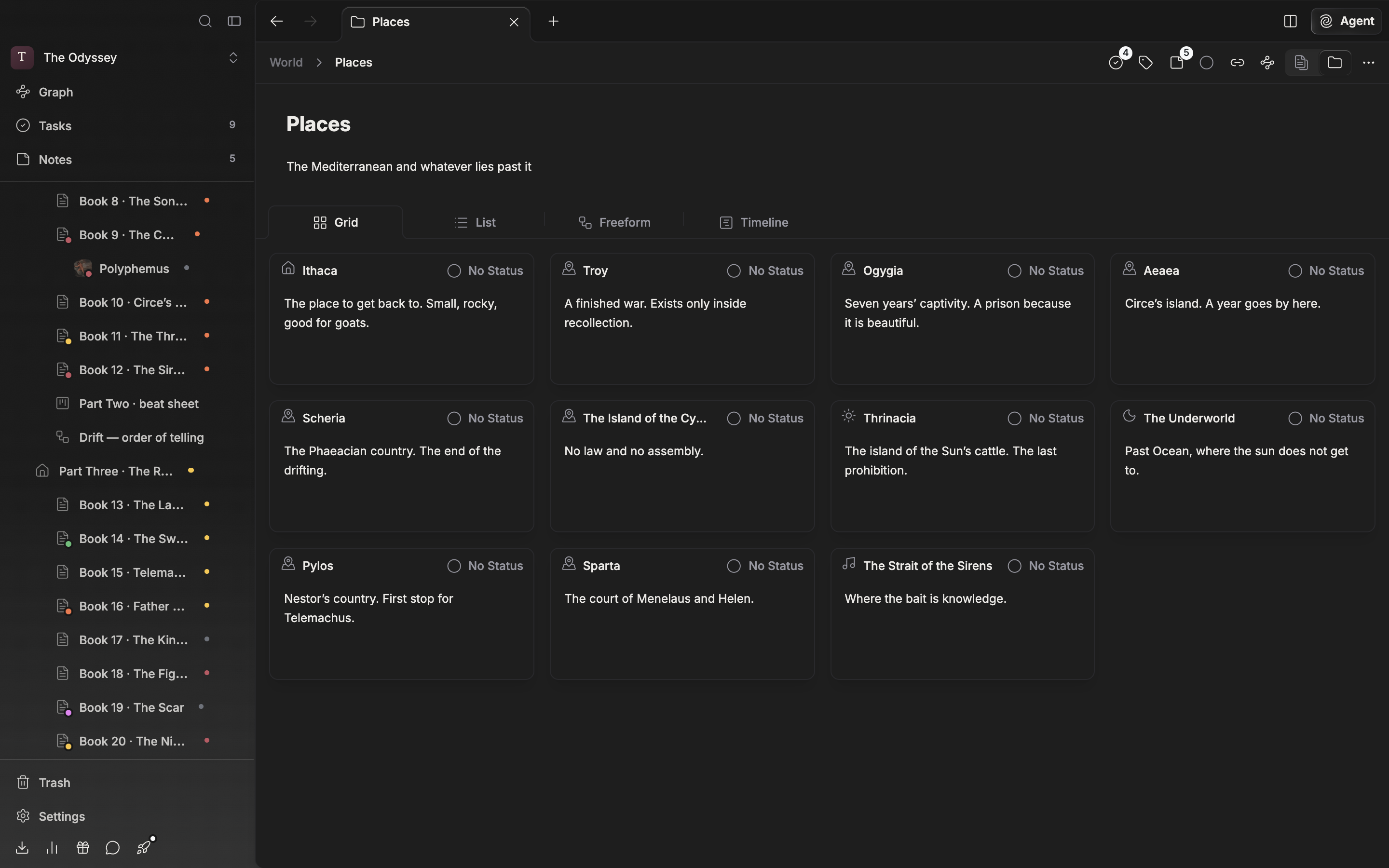 A folder screen with the Grid tab active. All four tabs are visible and there are six or more cards.