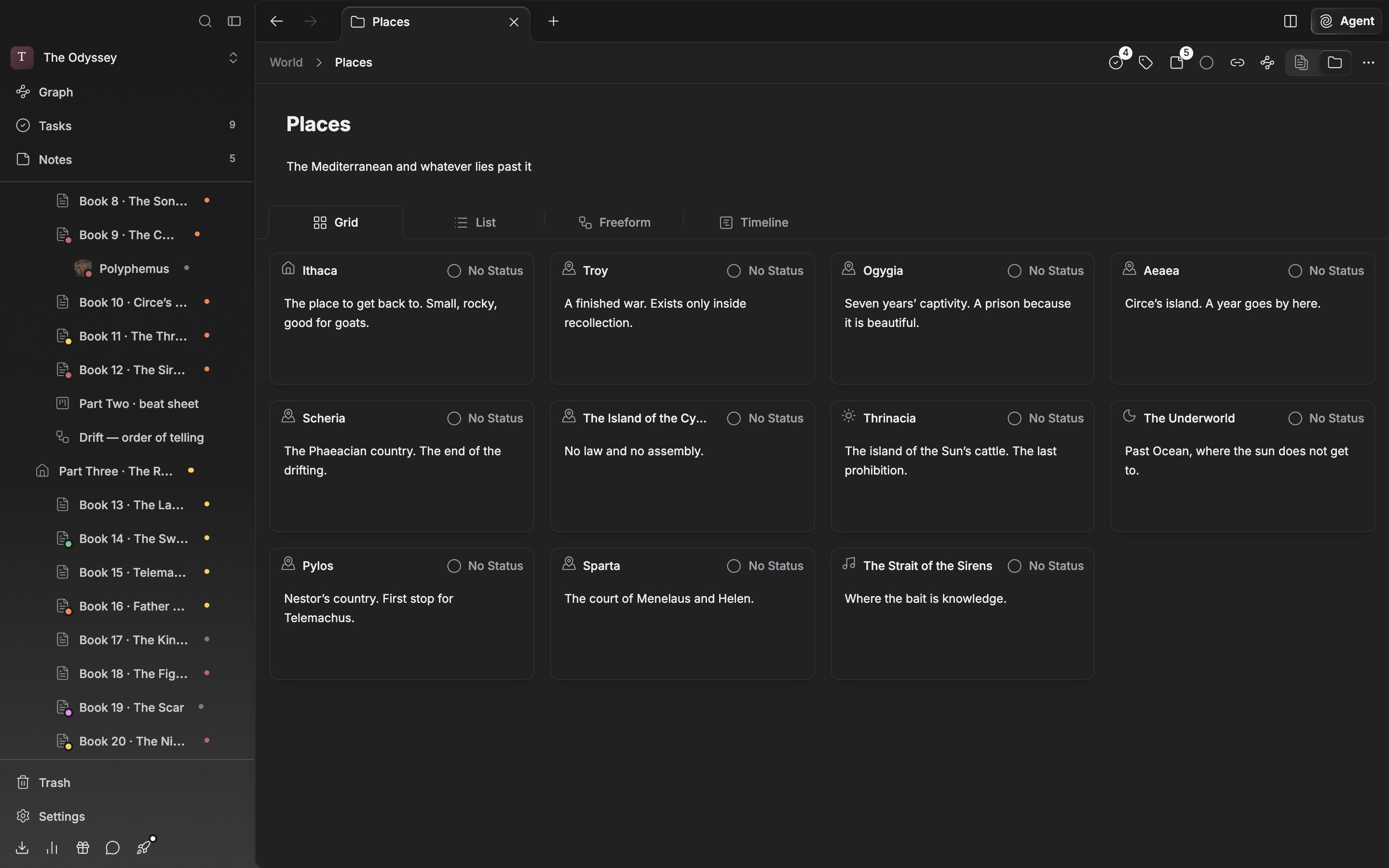 A folder screen with the Grid tab active. All four tabs are visible and there are six or more cards.