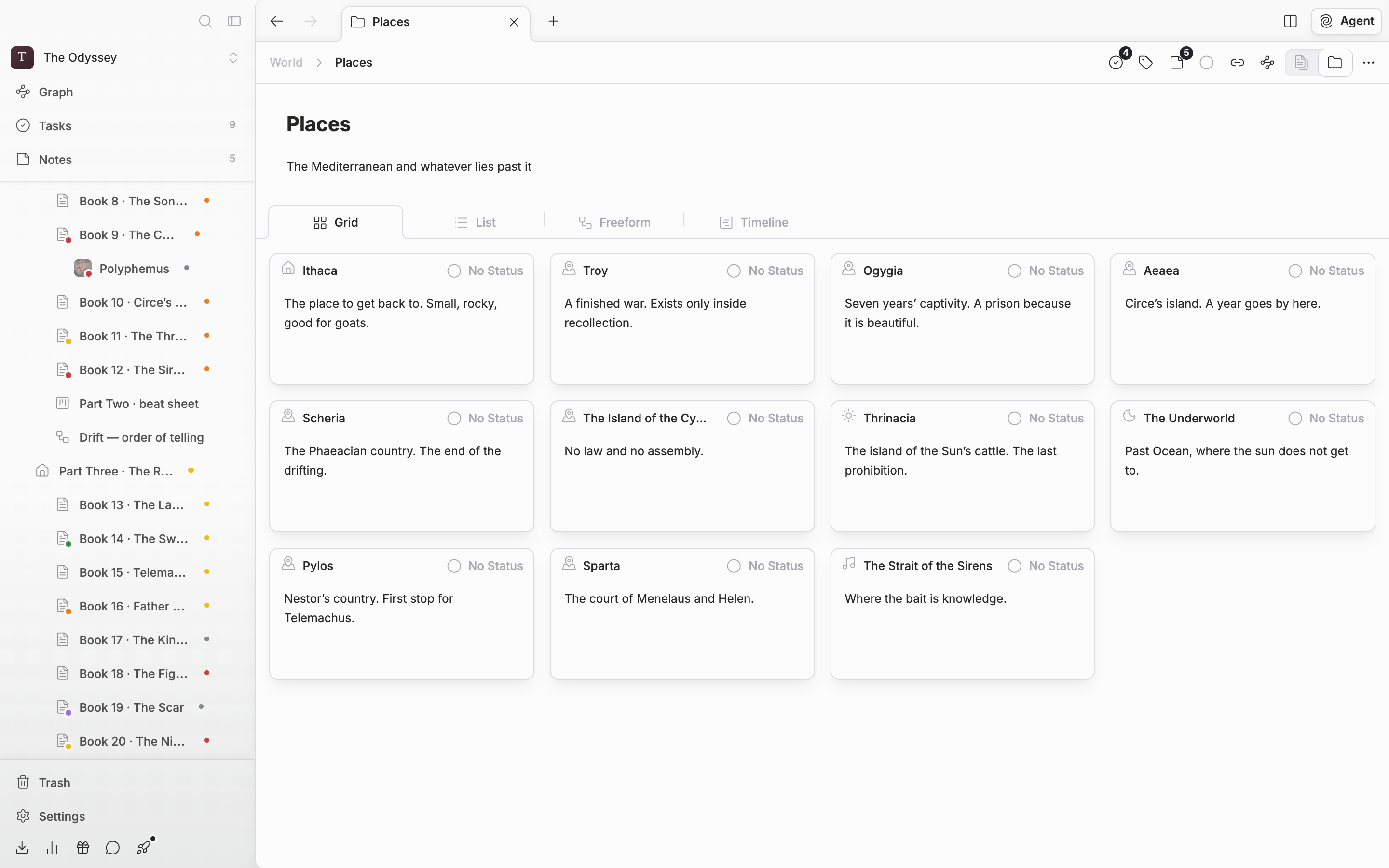 A folder screen with the Grid tab active. All four tabs are visible and there are six or more cards.