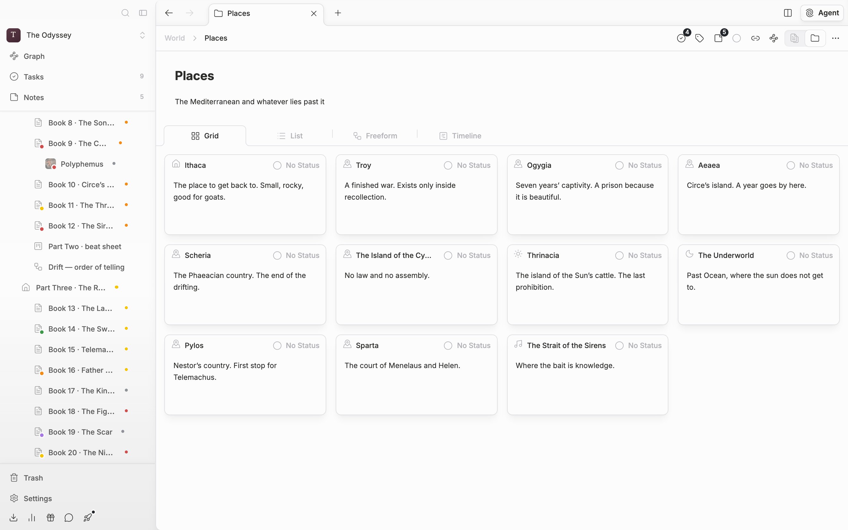A folder screen with the Grid tab active. All four tabs are visible and there are six or more cards.