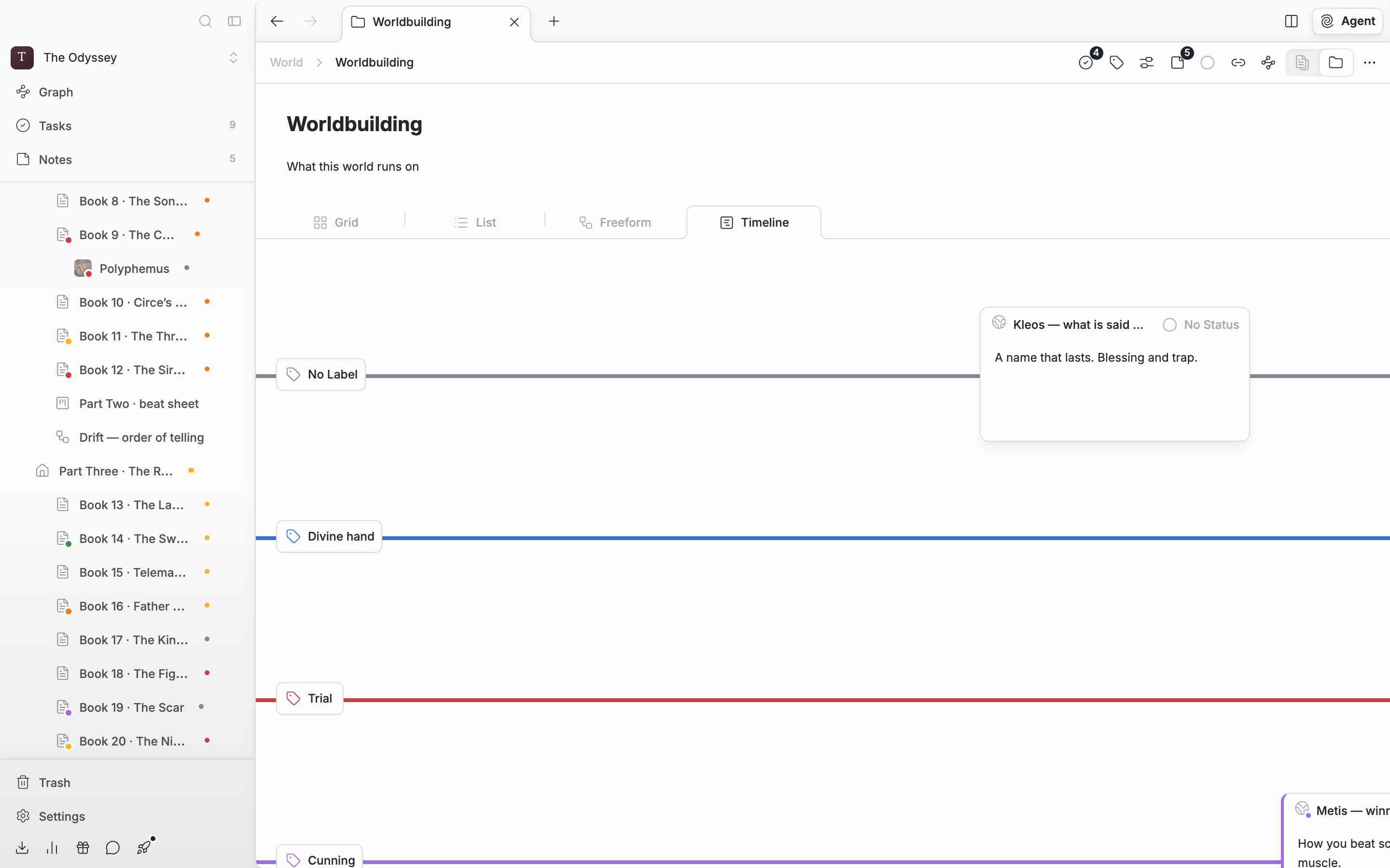 A horizontal timeline. Cards are scattered across the “No Label” row at the top and two or so label rows.