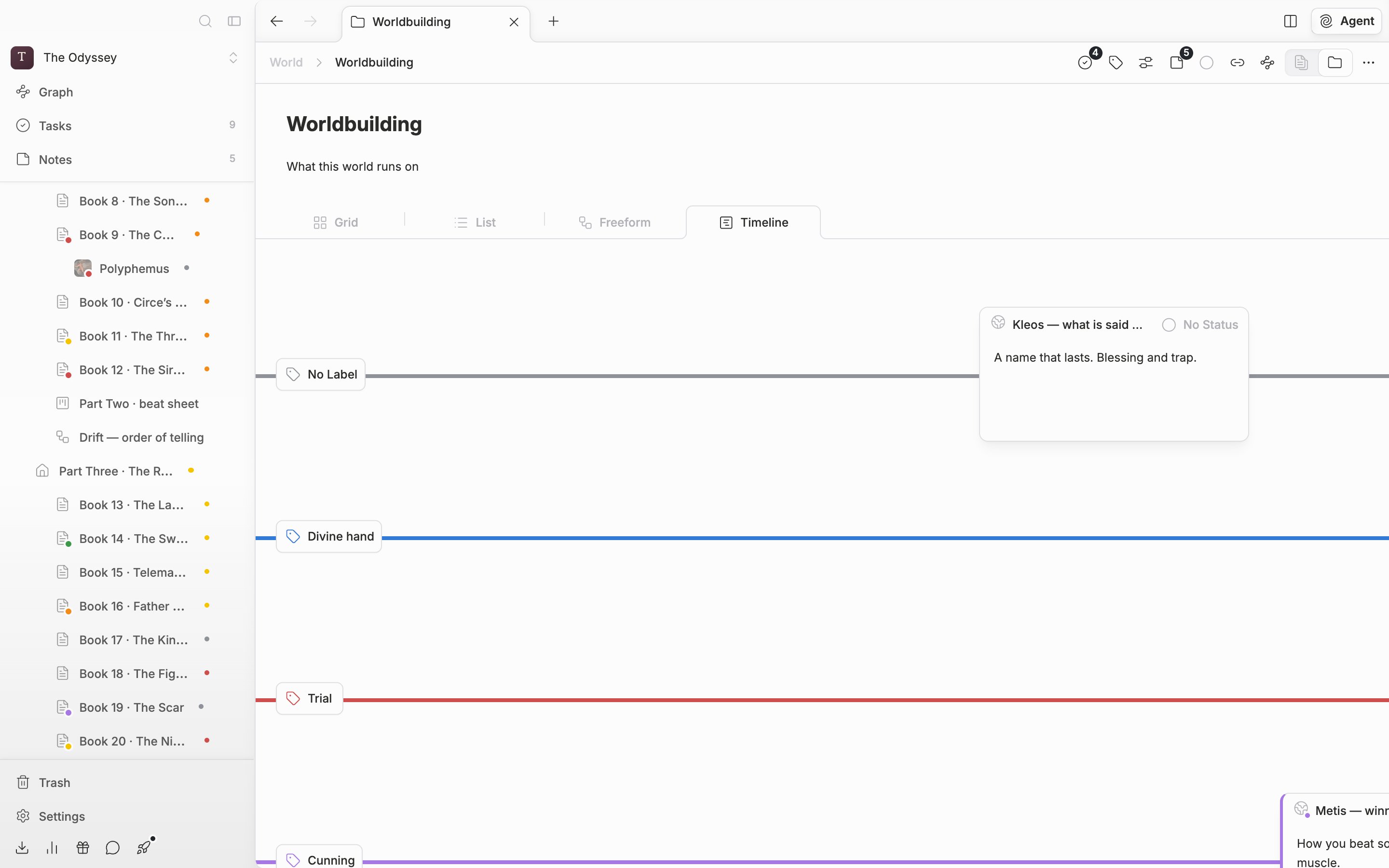 A horizontal timeline. Cards are scattered across the “No Label” row at the top and two or so label rows.