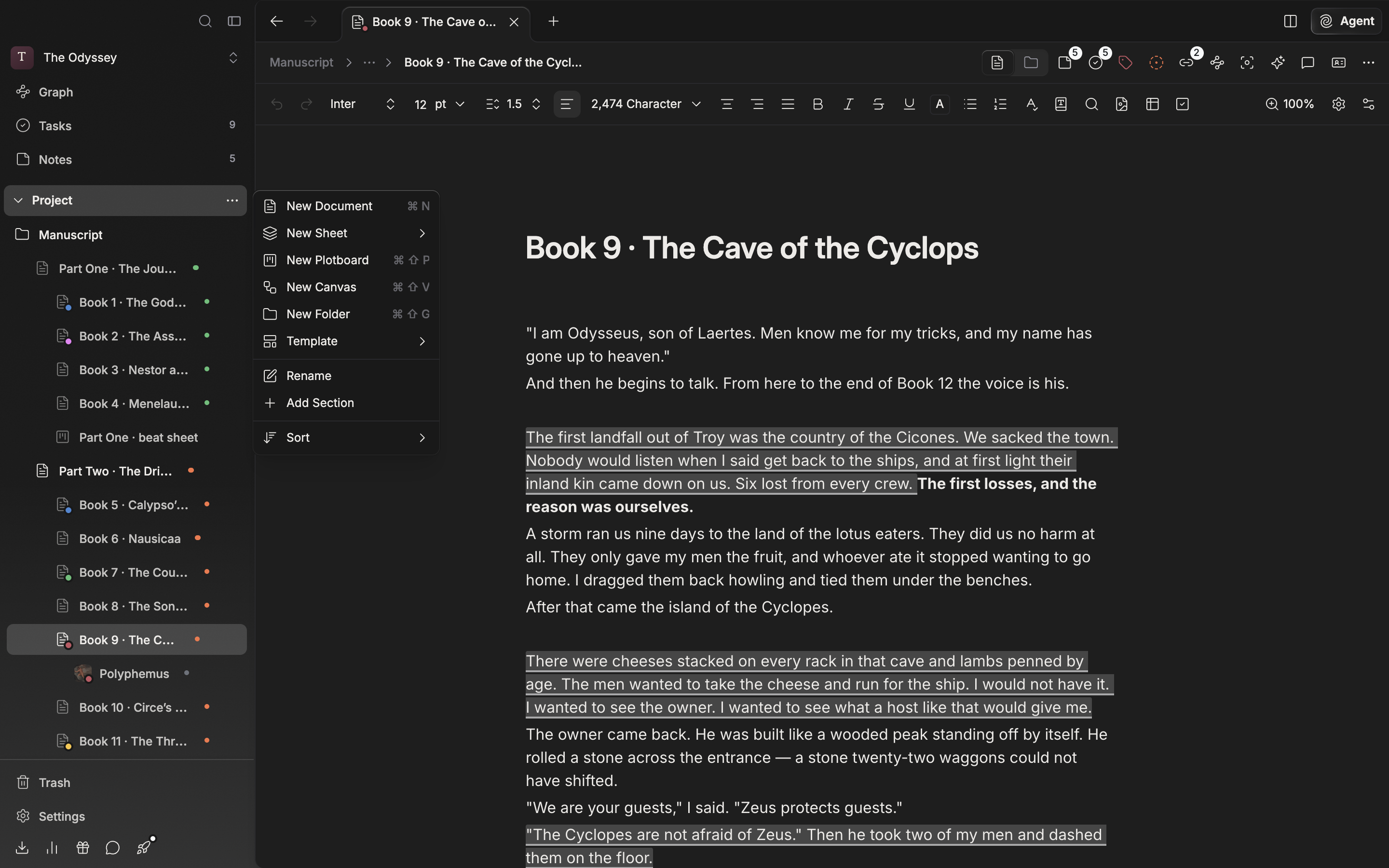 The three-dot button on a sidebar section title has been pressed and the create menu is open. New Document, New Sheet, New Plotboard, New Canvas, and New Folder are visible along with their shortcuts.