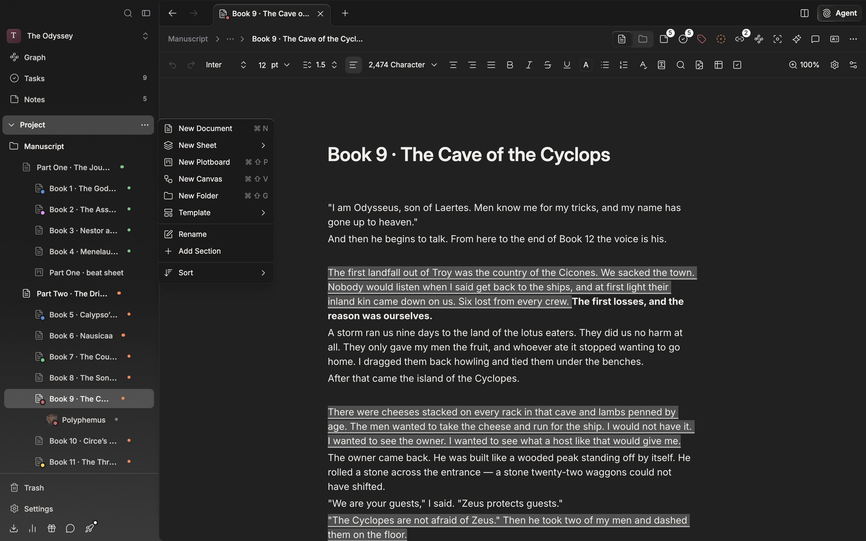 The three-dot button on a sidebar section title has been pressed and the create menu is open. New Document, New Sheet, New Plotboard, New Canvas, and New Folder are visible along with their shortcuts.