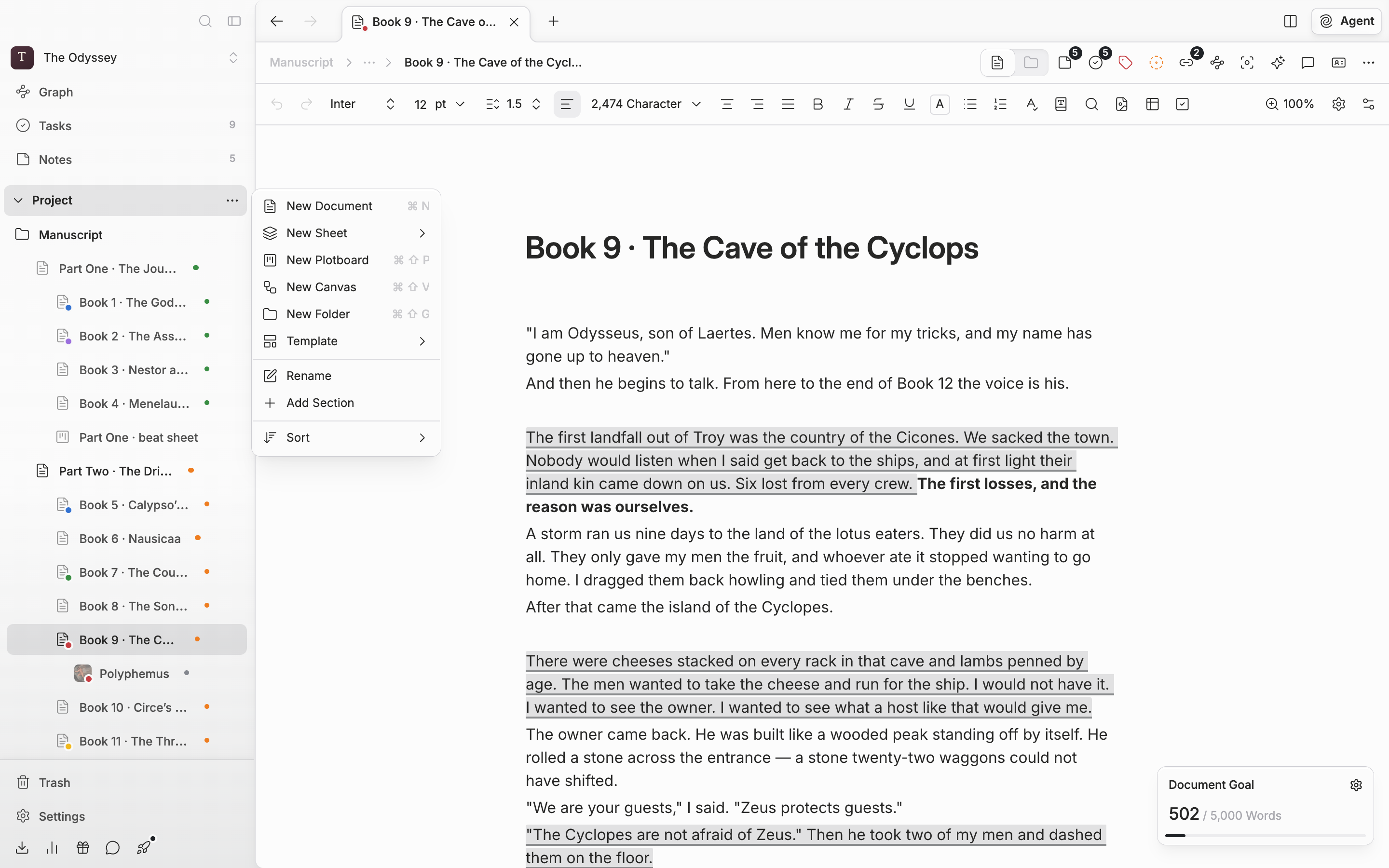 The three-dot button on a sidebar section title has been pressed and the create menu is open. New Document, New Sheet, New Plotboard, New Canvas, and New Folder are visible along with their shortcuts.