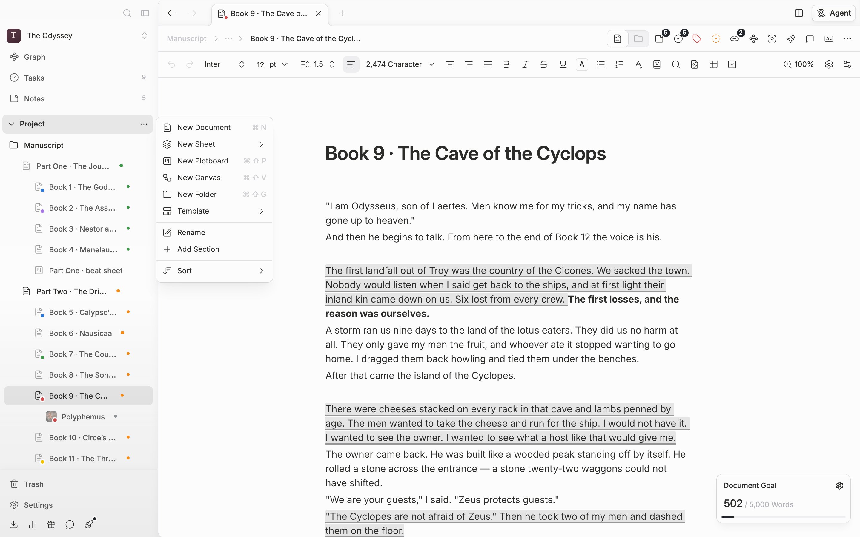 The three-dot button on a sidebar section title has been pressed and the create menu is open. New Document, New Sheet, New Plotboard, New Canvas, and New Folder are visible along with their shortcuts.