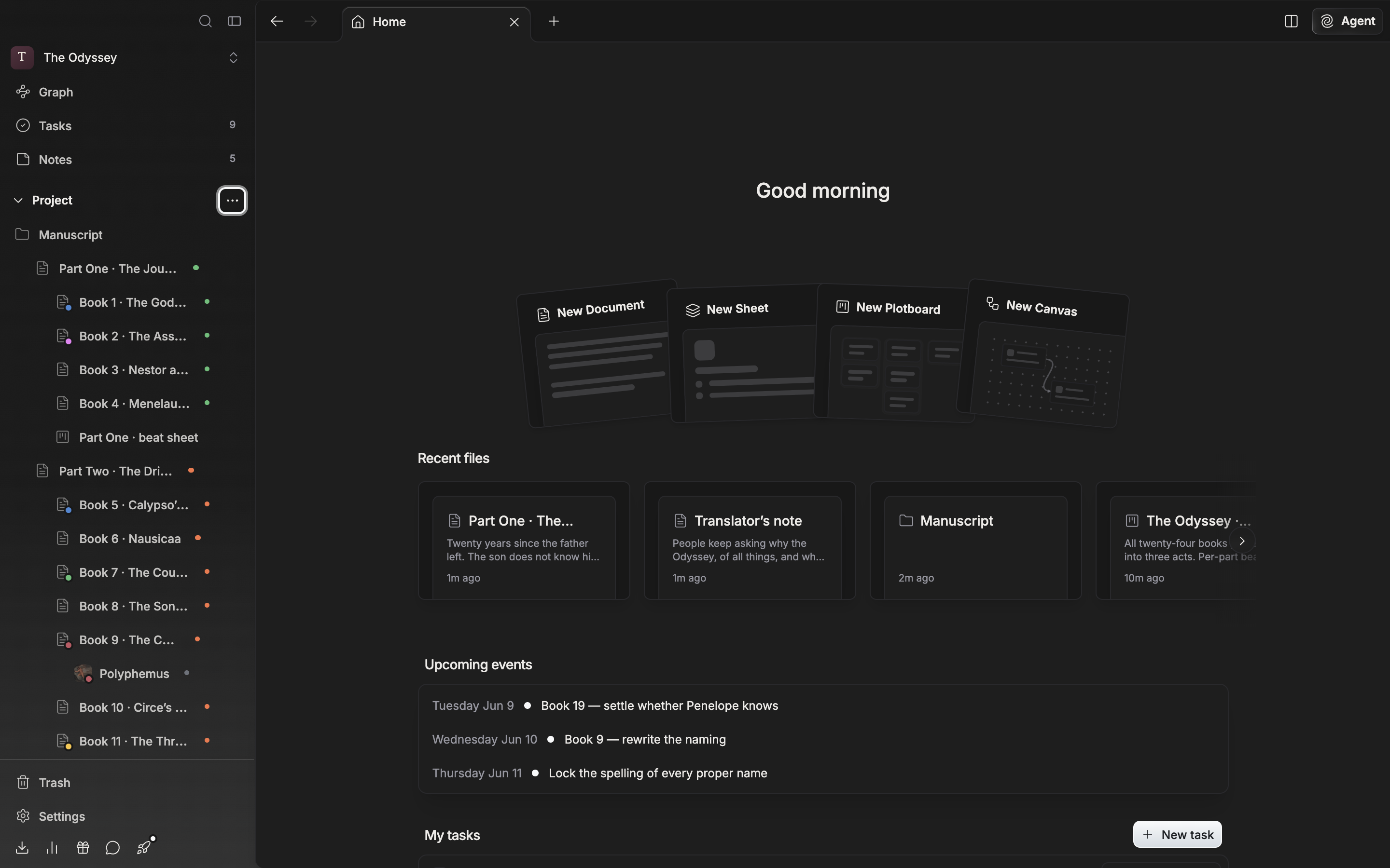 The upper part of the project home screen. One line of greeting and the four cards New Document, New Sheet, New Plotboard, and New Canvas fanned out, with the first cards of the Recent files row visible below them.