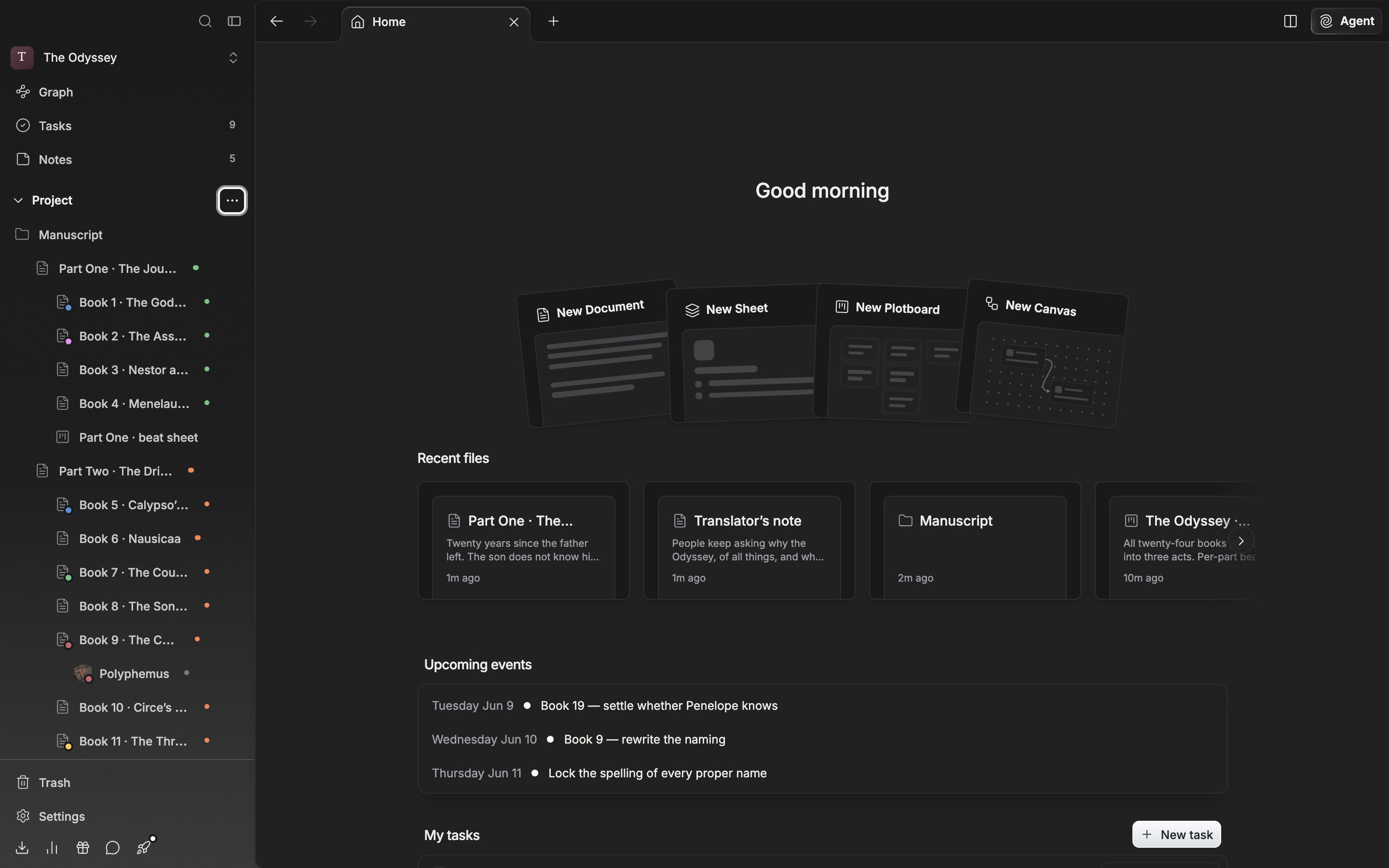 The upper part of the project home screen. One line of greeting and the four cards New Document, New Sheet, New Plotboard, and New Canvas fanned out, with the first cards of the Recent files row visible below them.
